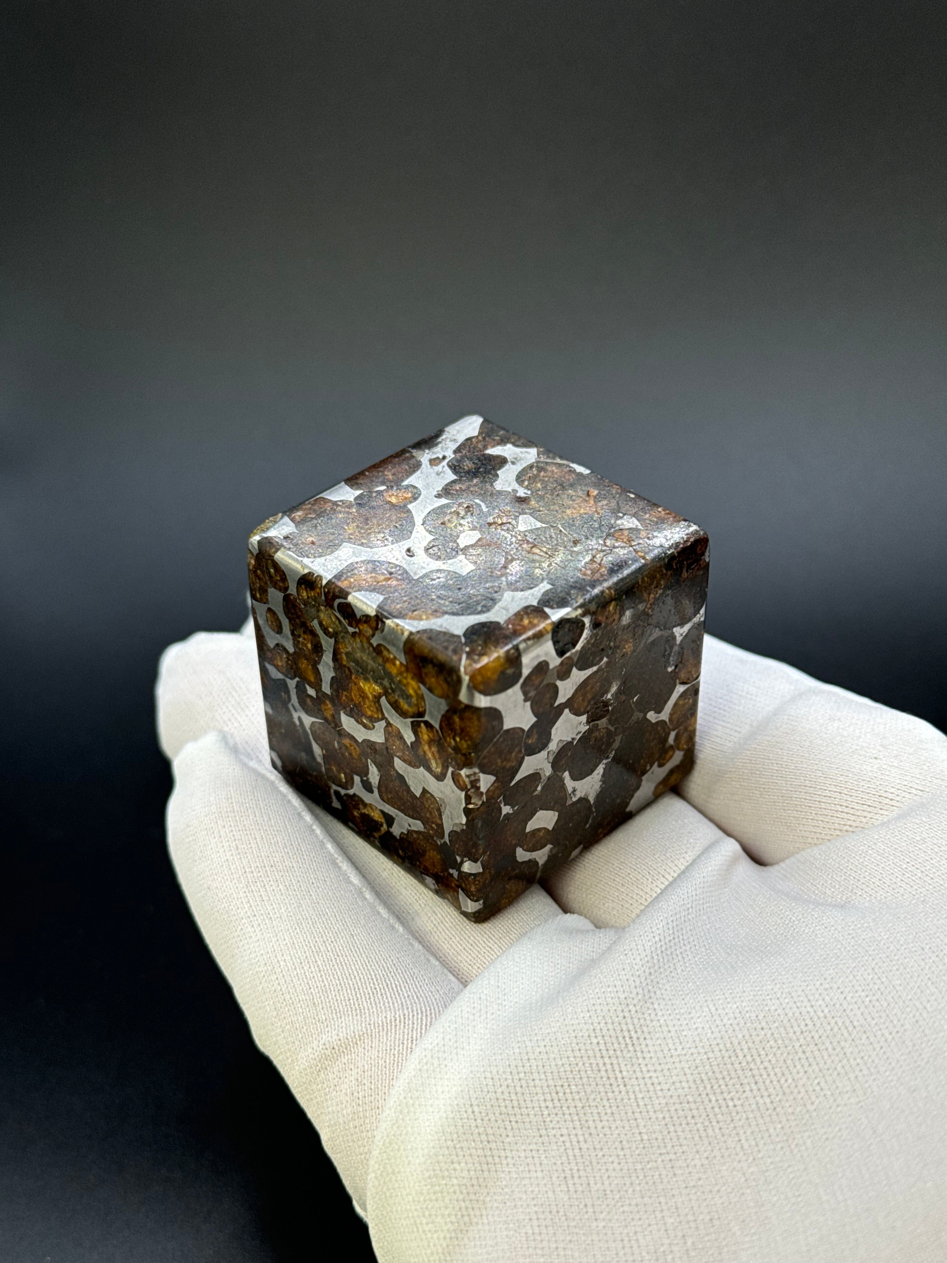 SERICHO PALLASITE METEORITE CUBE, KENYA. 224 GRAMS.