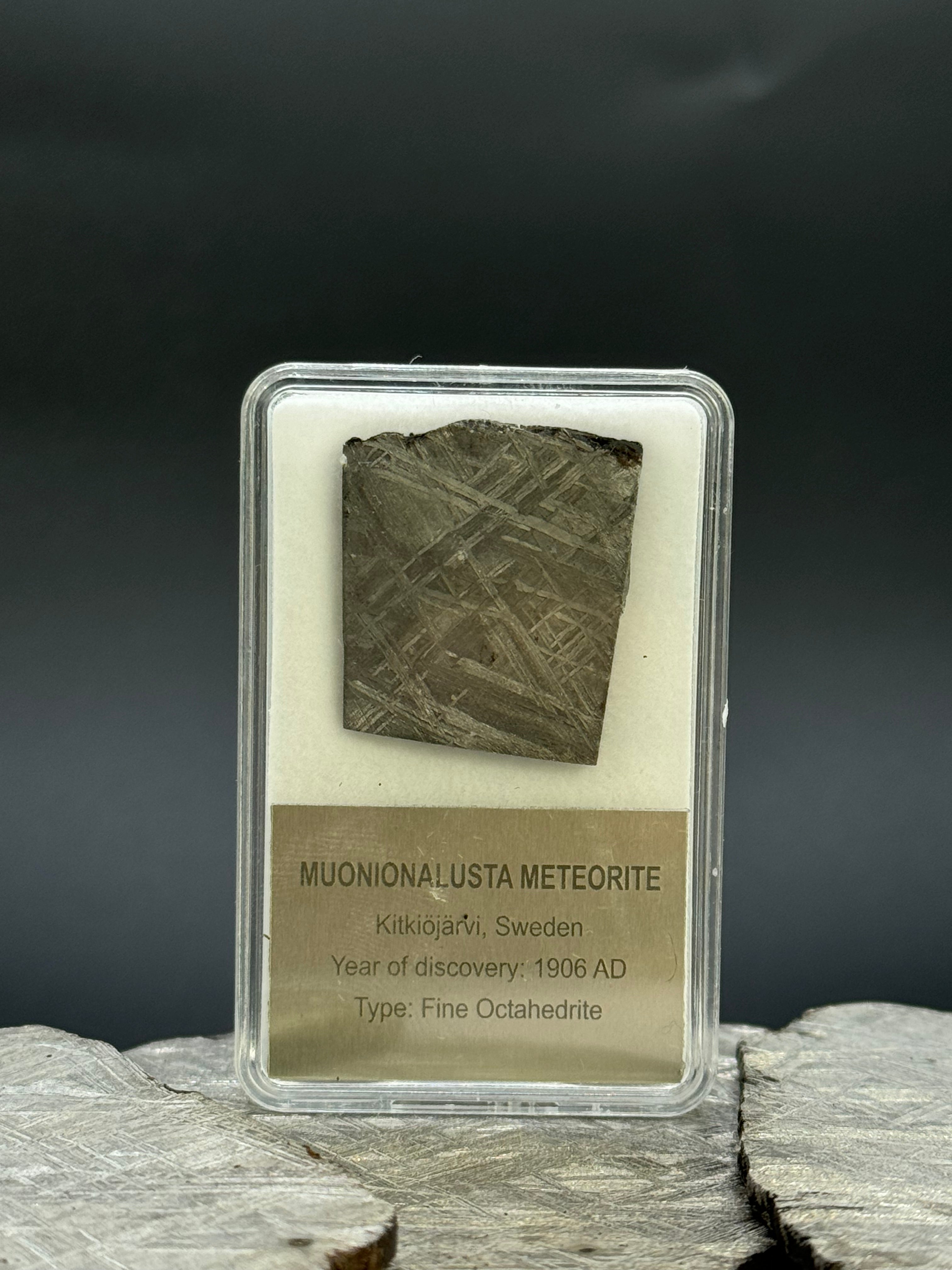 Muonionalusta meteorite, Sweden. Display box, 10.33 grams.