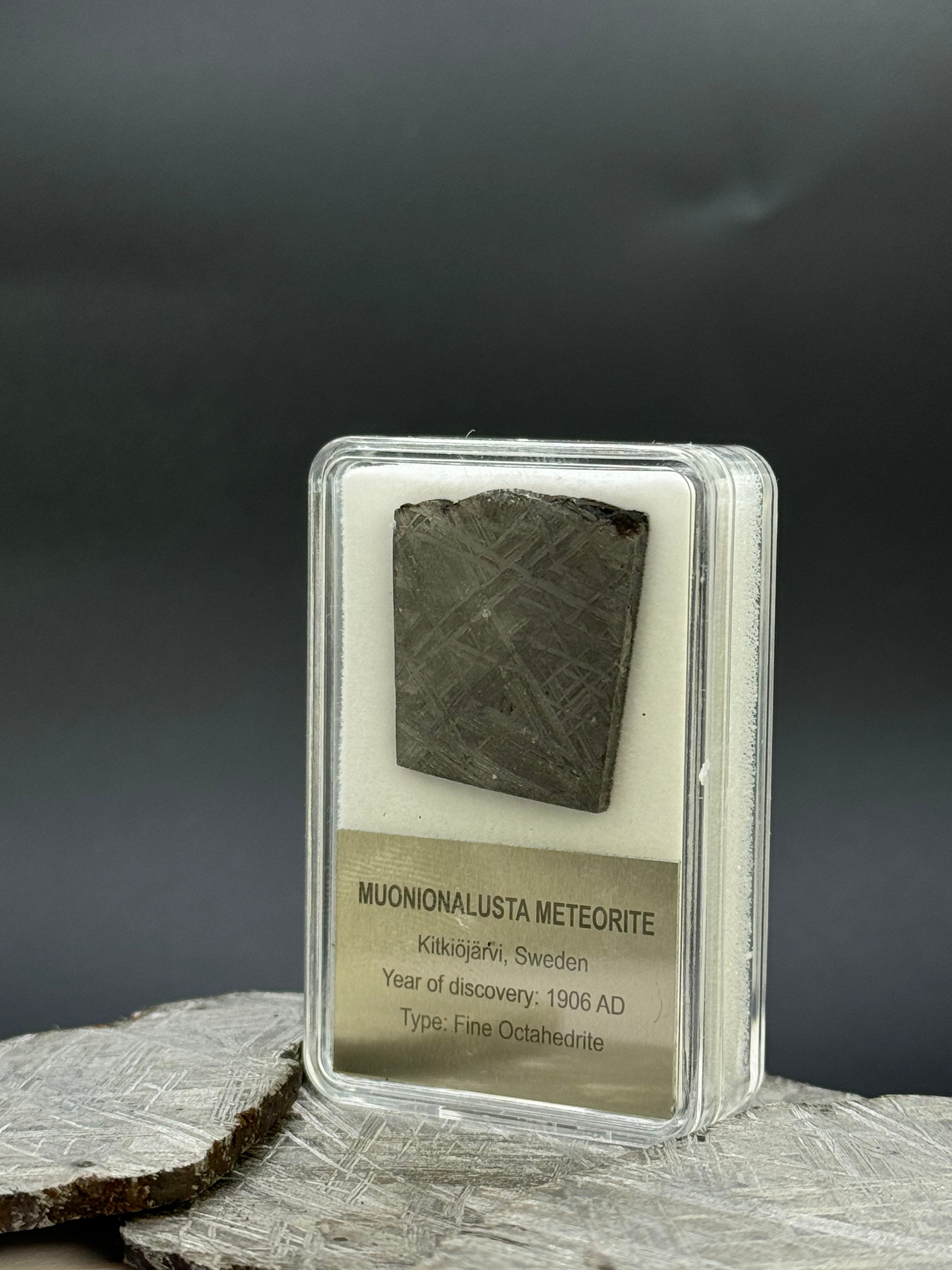 Muonionalusta meteorite, Sweden. Display box, 10.33 grams.