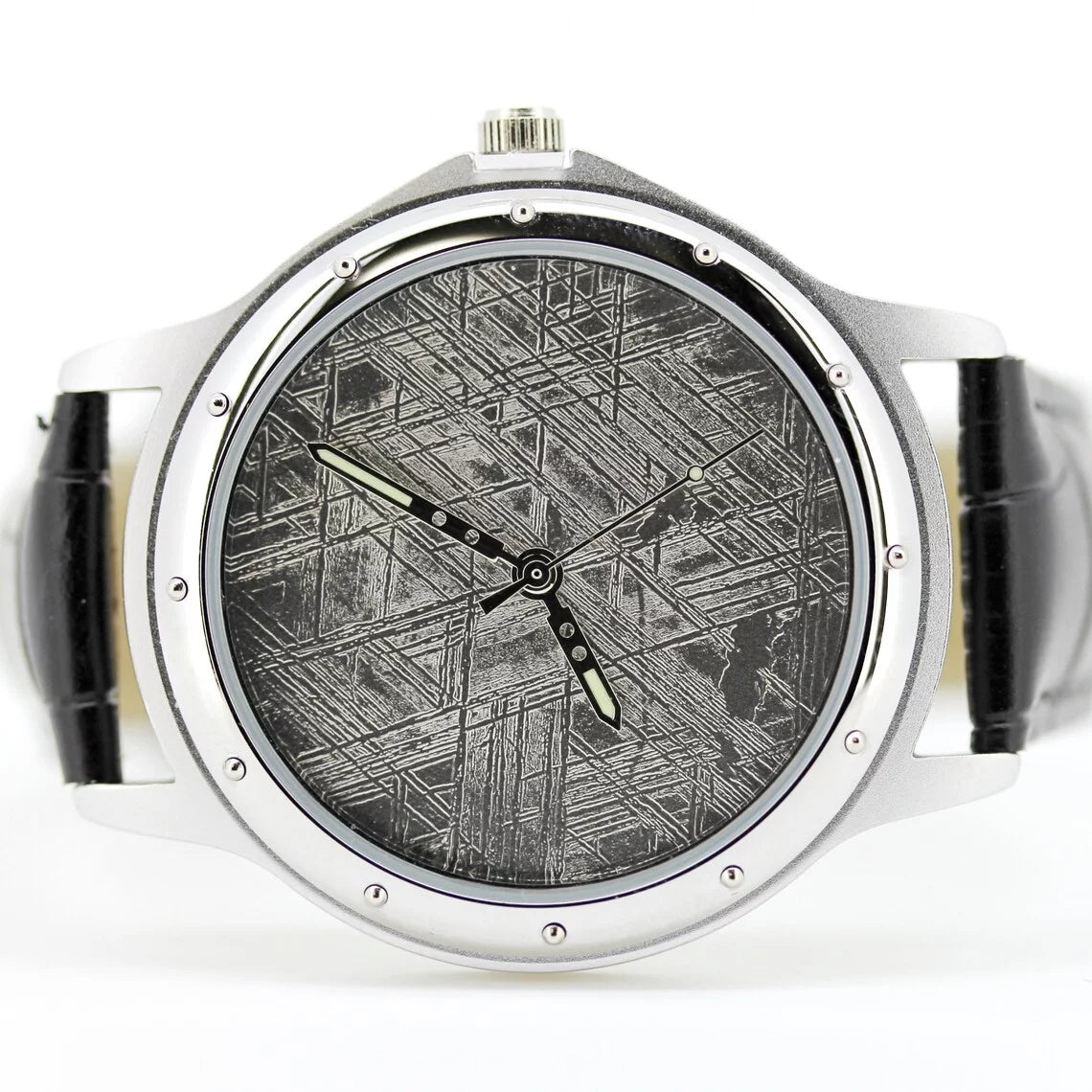 Sophisticated meteorite watch dial, crafted with Muonionalusta meteorite. Genuine meteorite watch, lends unique texture and elegance to this finely crafted watch face