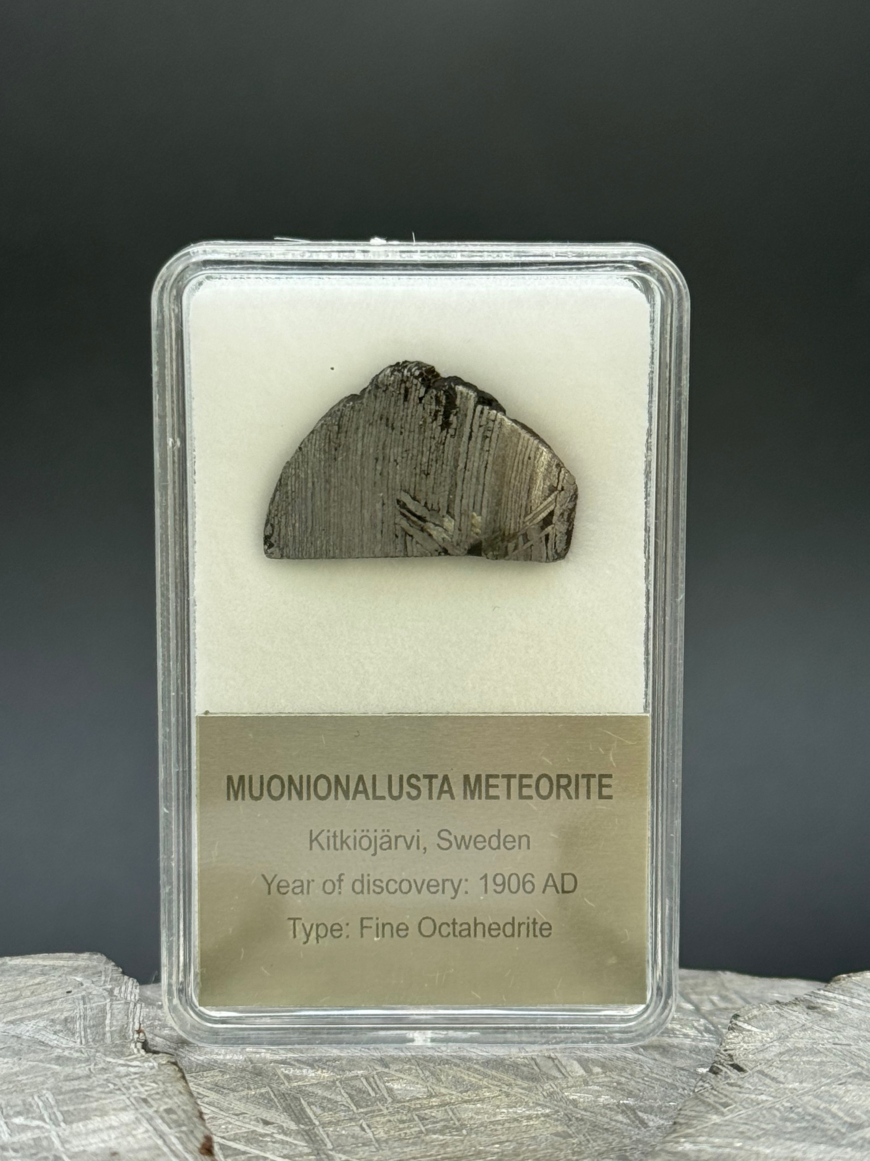 Muonionalusta meteorite, Sweden. Display box. 5,2 grams.