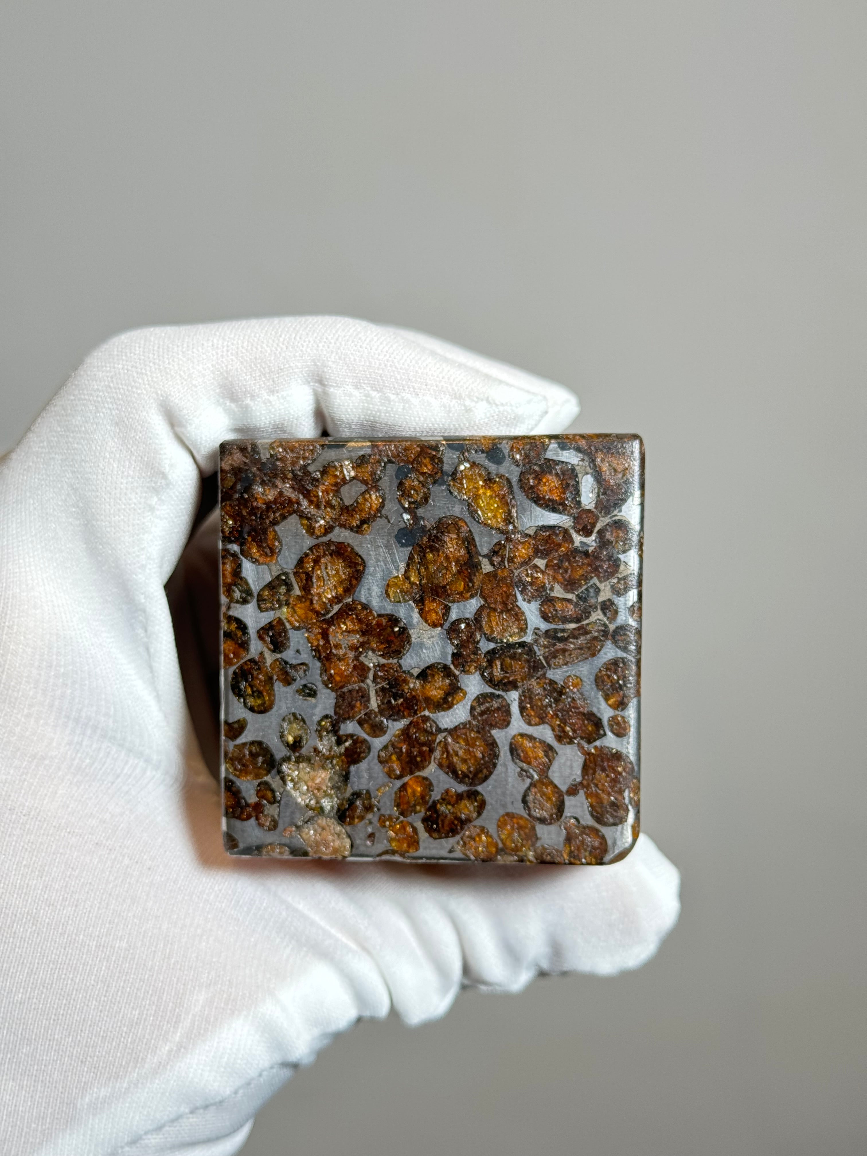 Sericho pallasite meteorite cube, Kenya. 631 grams.