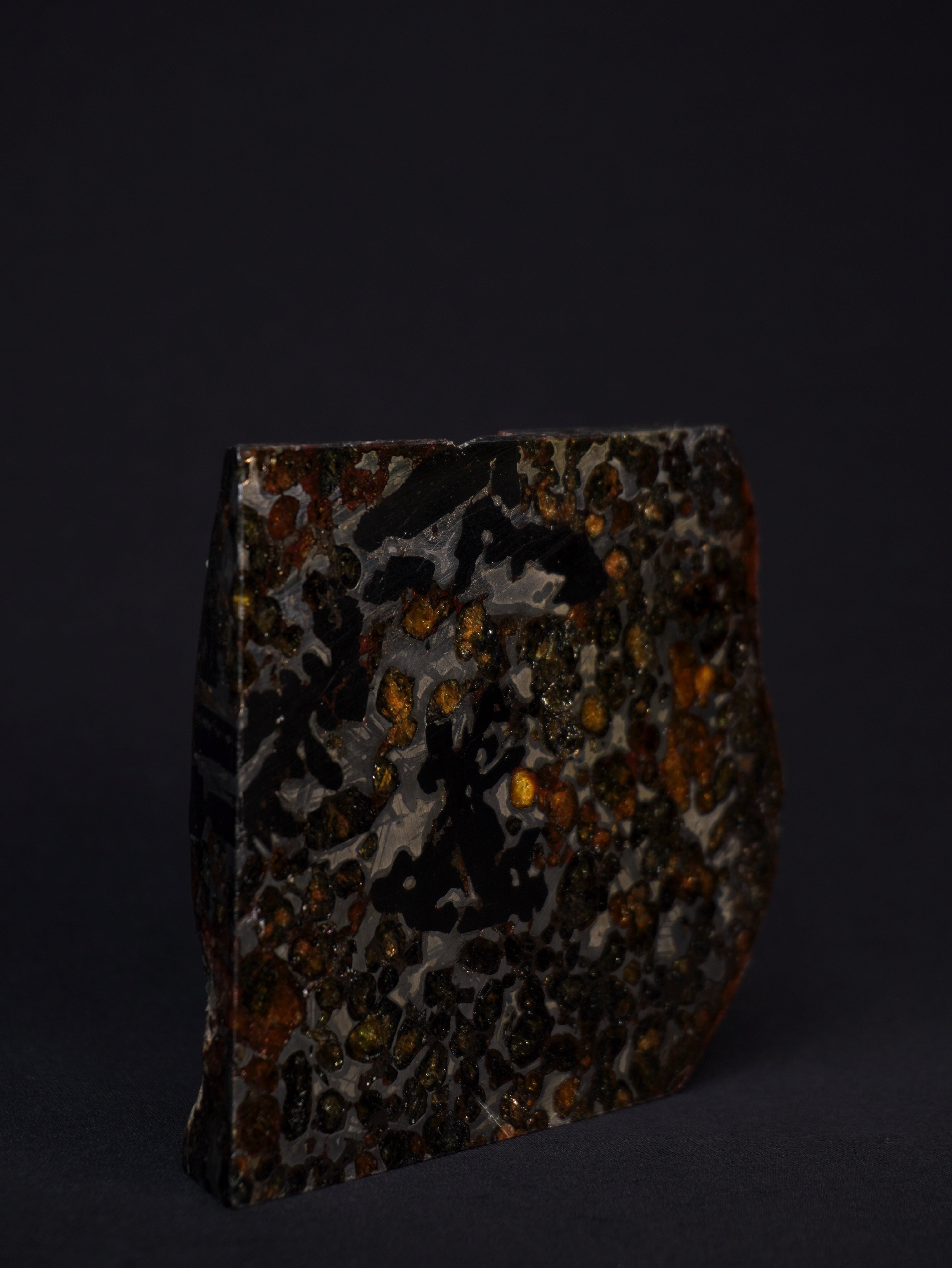 Sericho pallasite meteorite, Kenya. 836 grams end-cut.