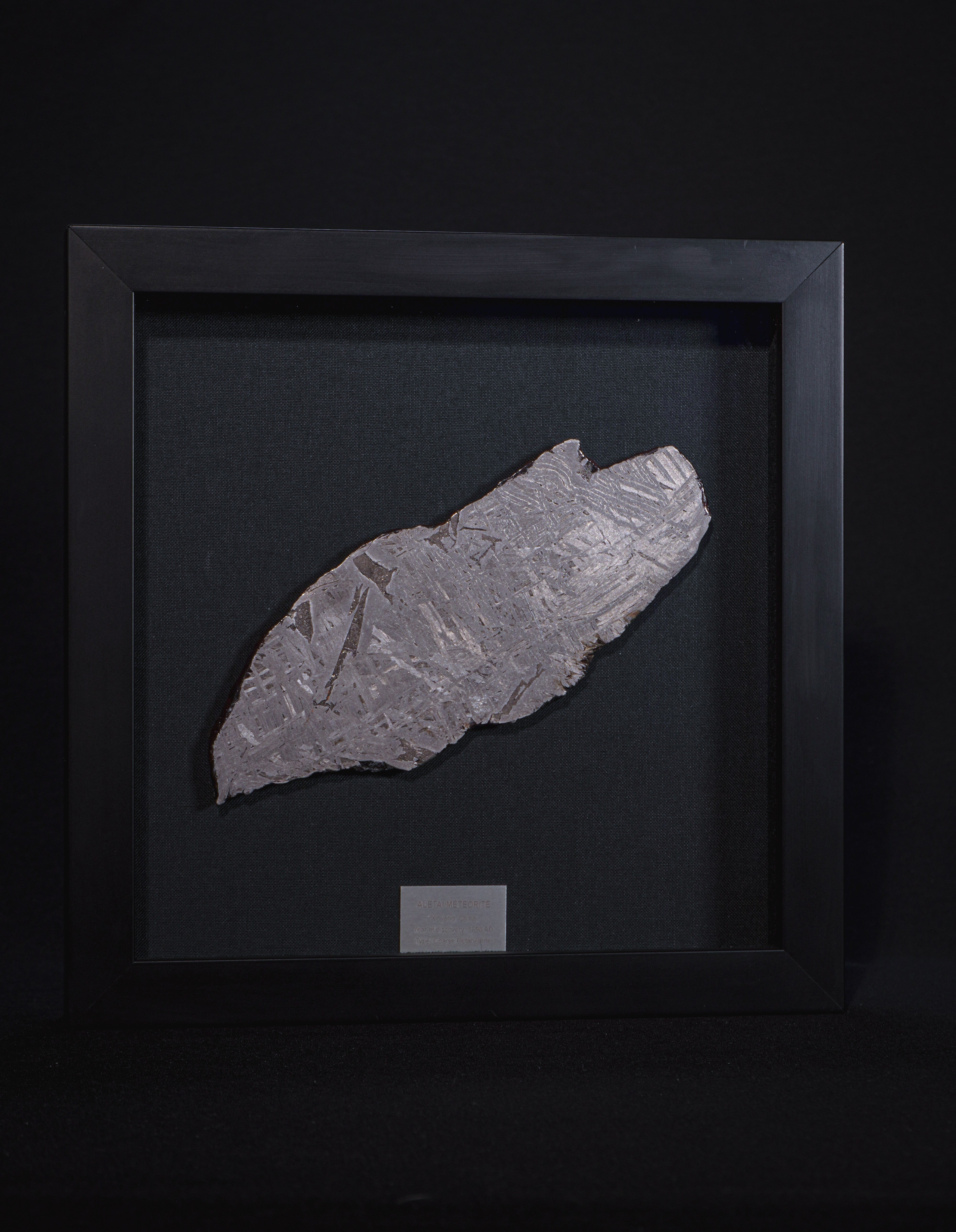 Aletai meteorite framed slice with crust - 302g