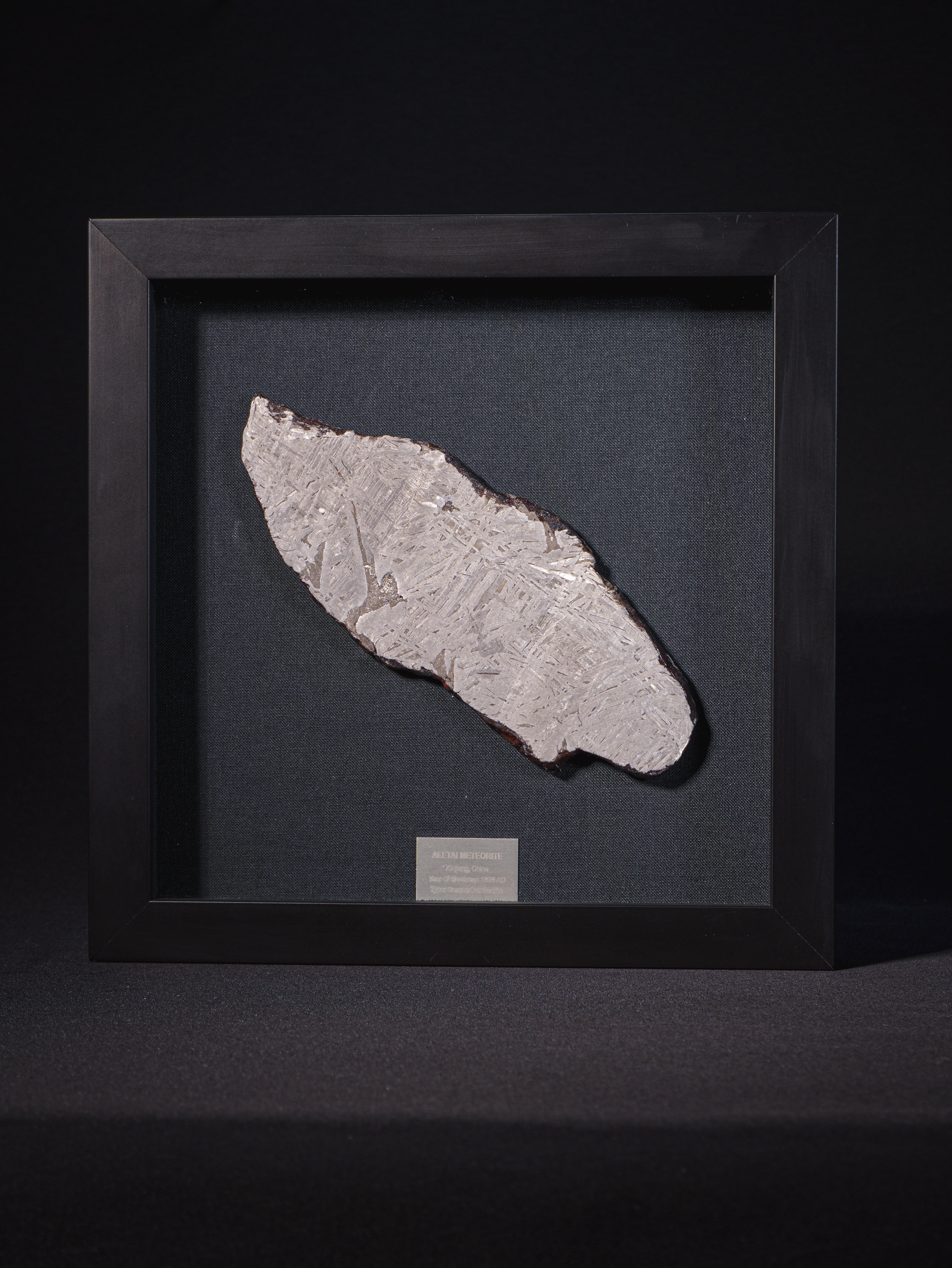 Aletai meteorite framed slice with crust - 296g