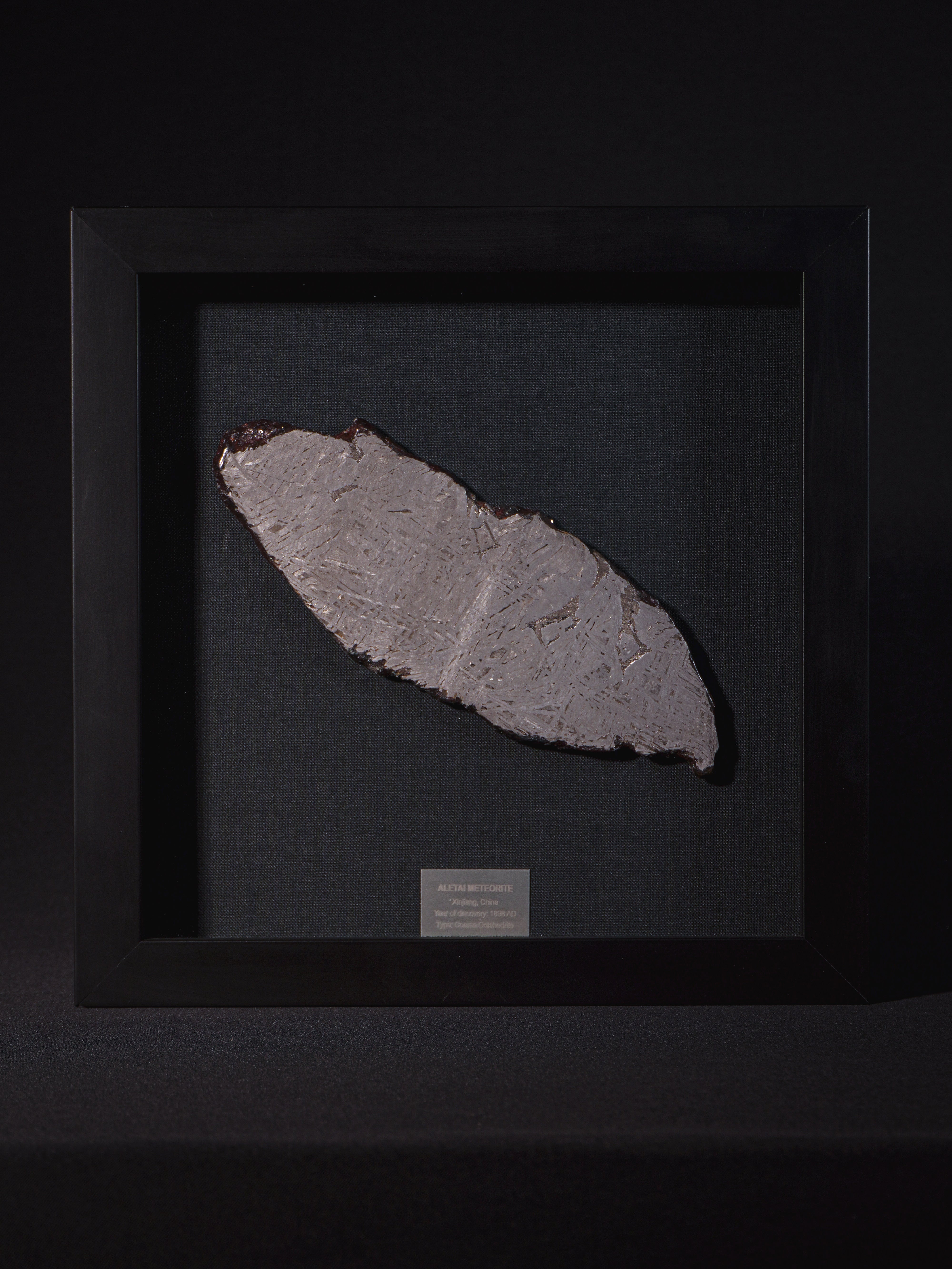 Aletai meteorite framed slice with crust - 296g