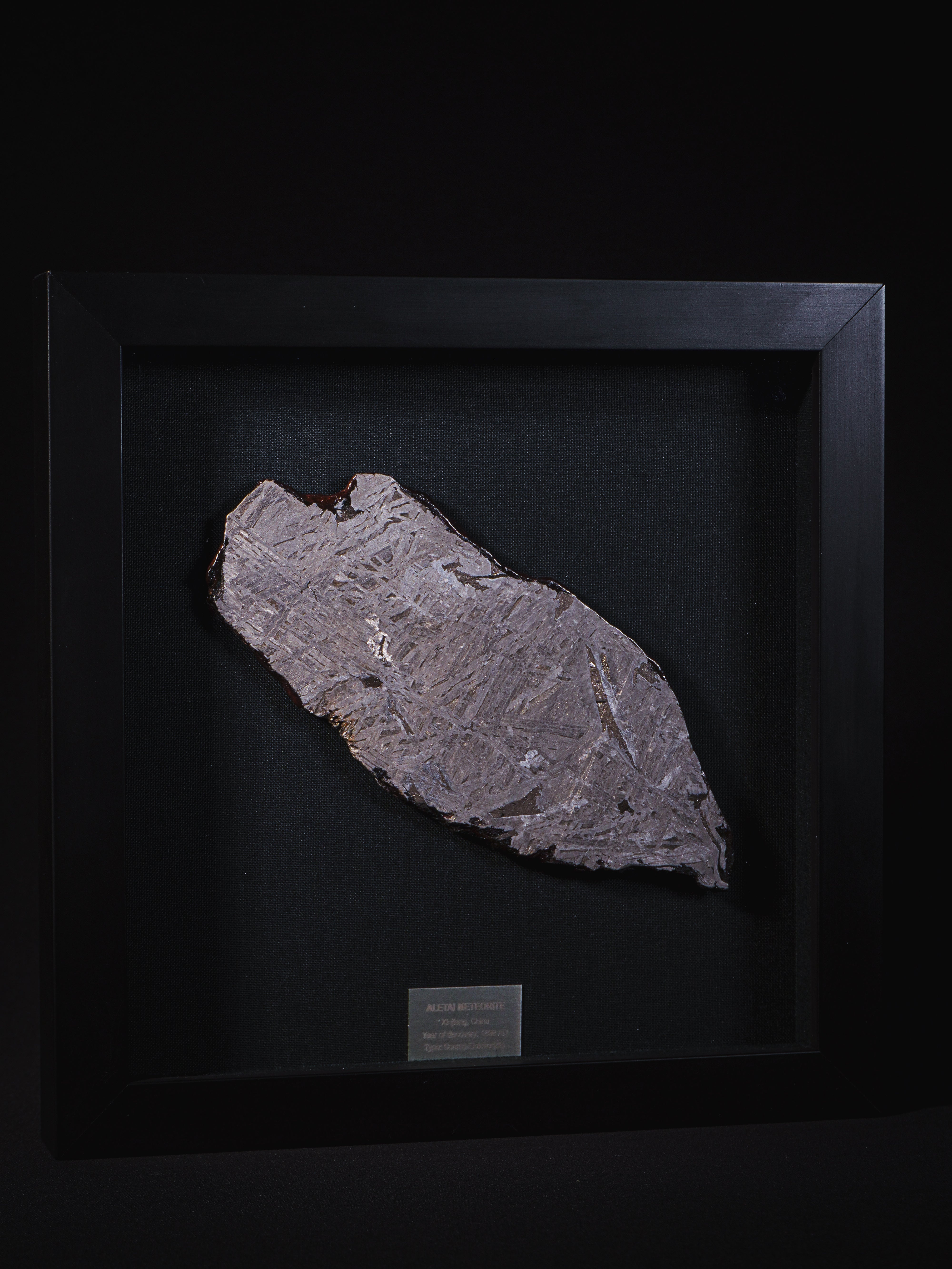 Aletai meteorite framed slice with crust - 303 g