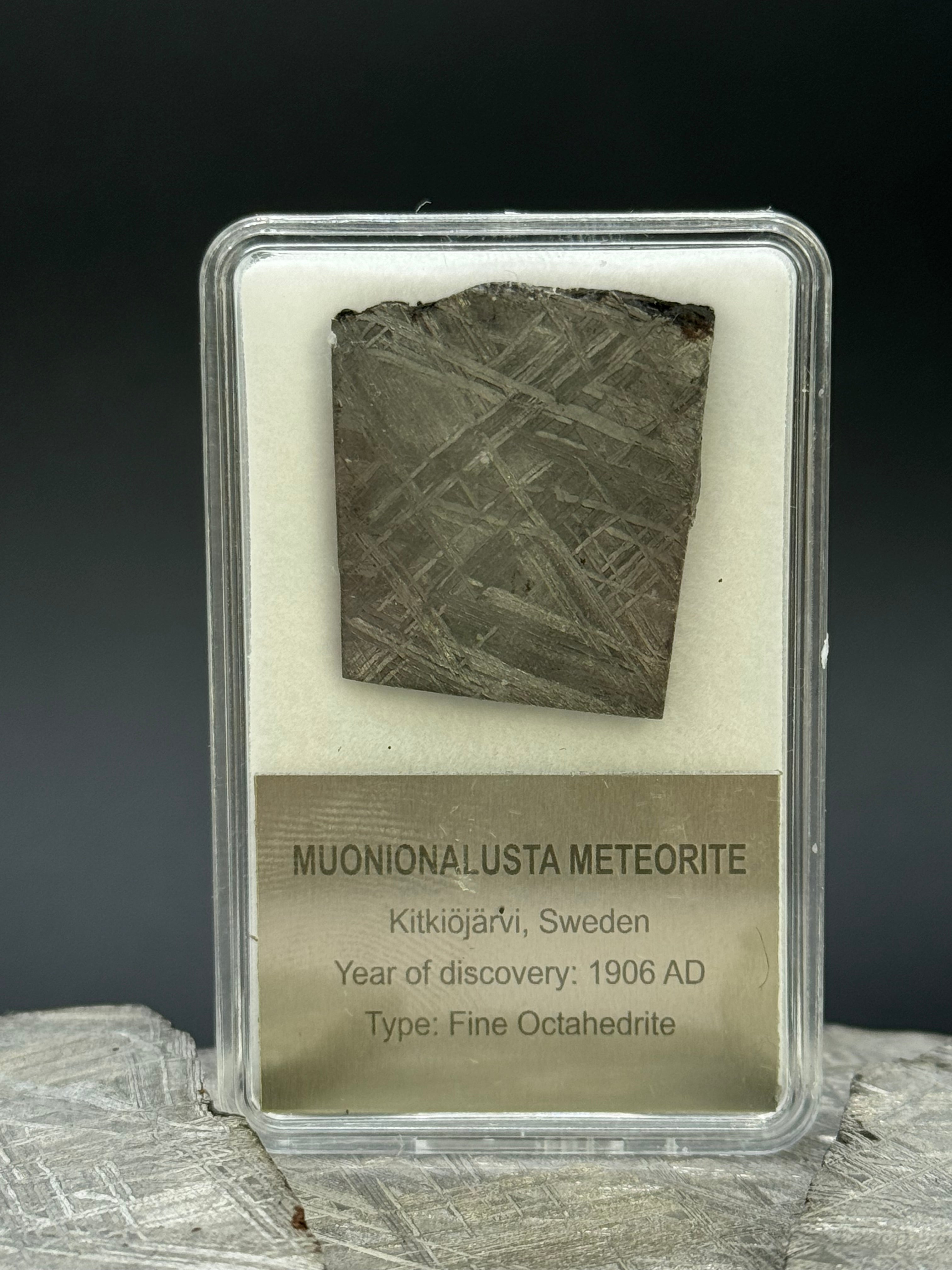 Muonionalusta meteorite, Sweden. Display box, 10.33 grams.