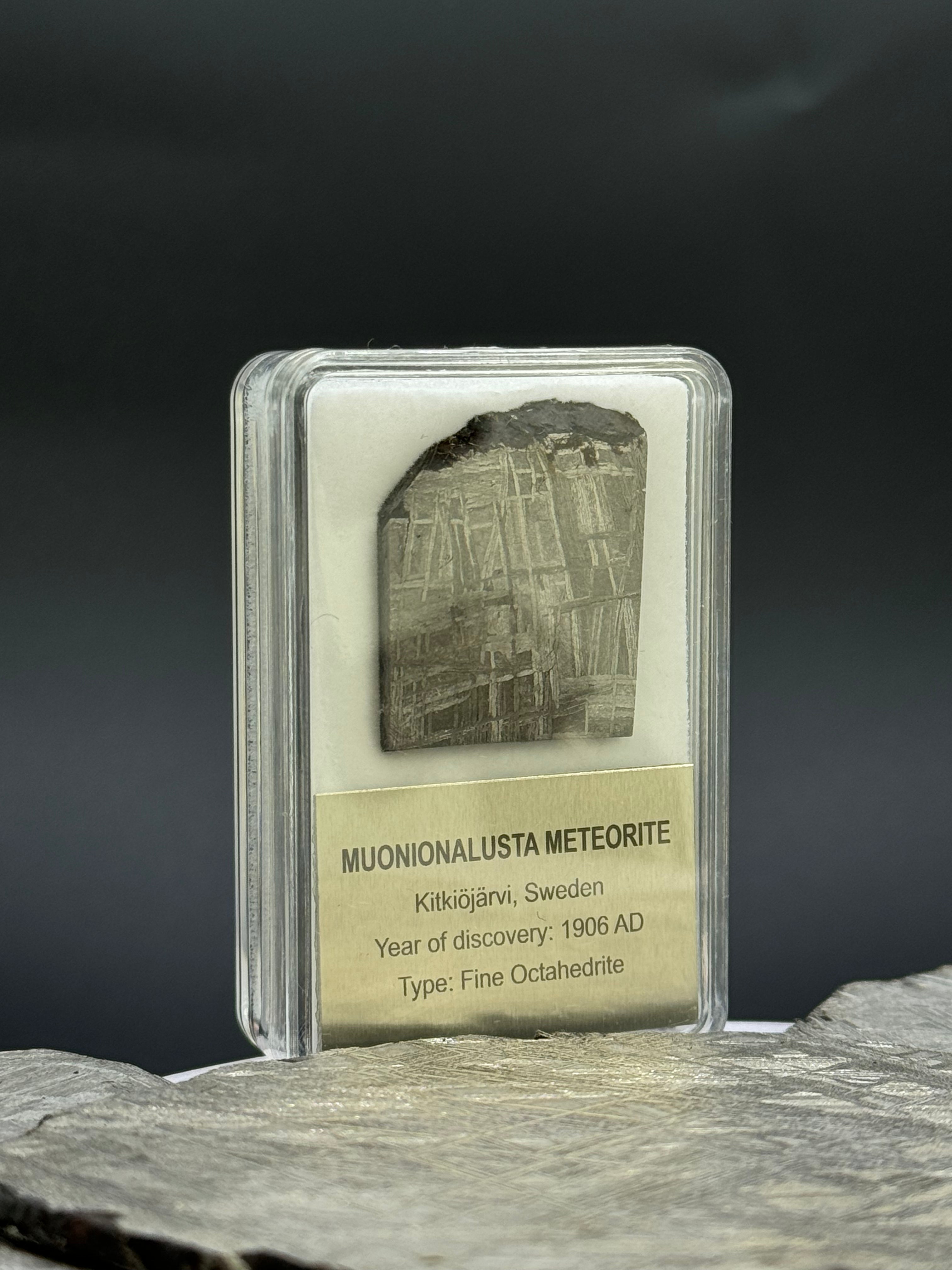 Muonionalusta meteorite, Sweden. Display box. 11,4 grams.