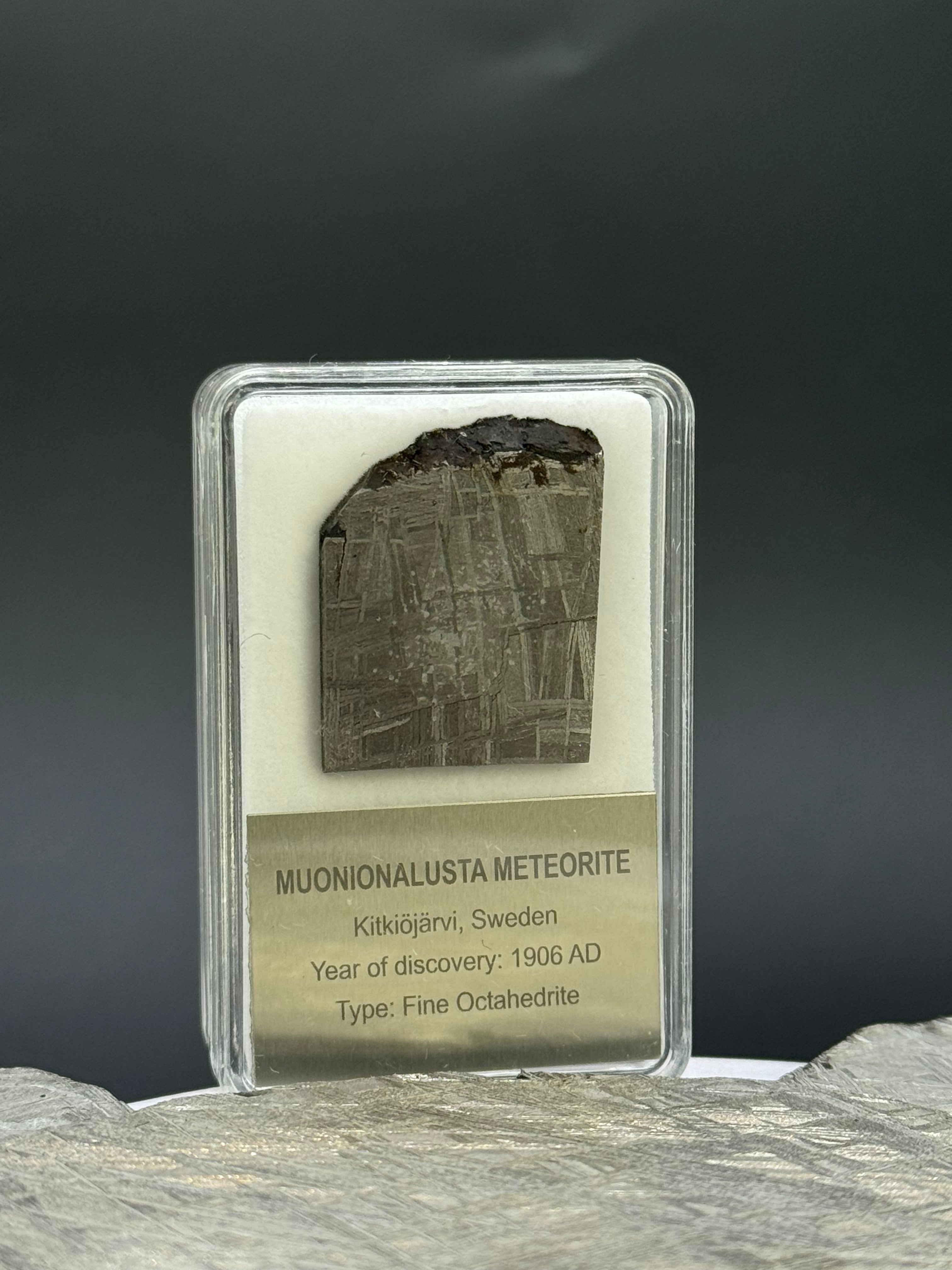Muonionalusta meteorite, Sweden. Display box. 11,4 grams.