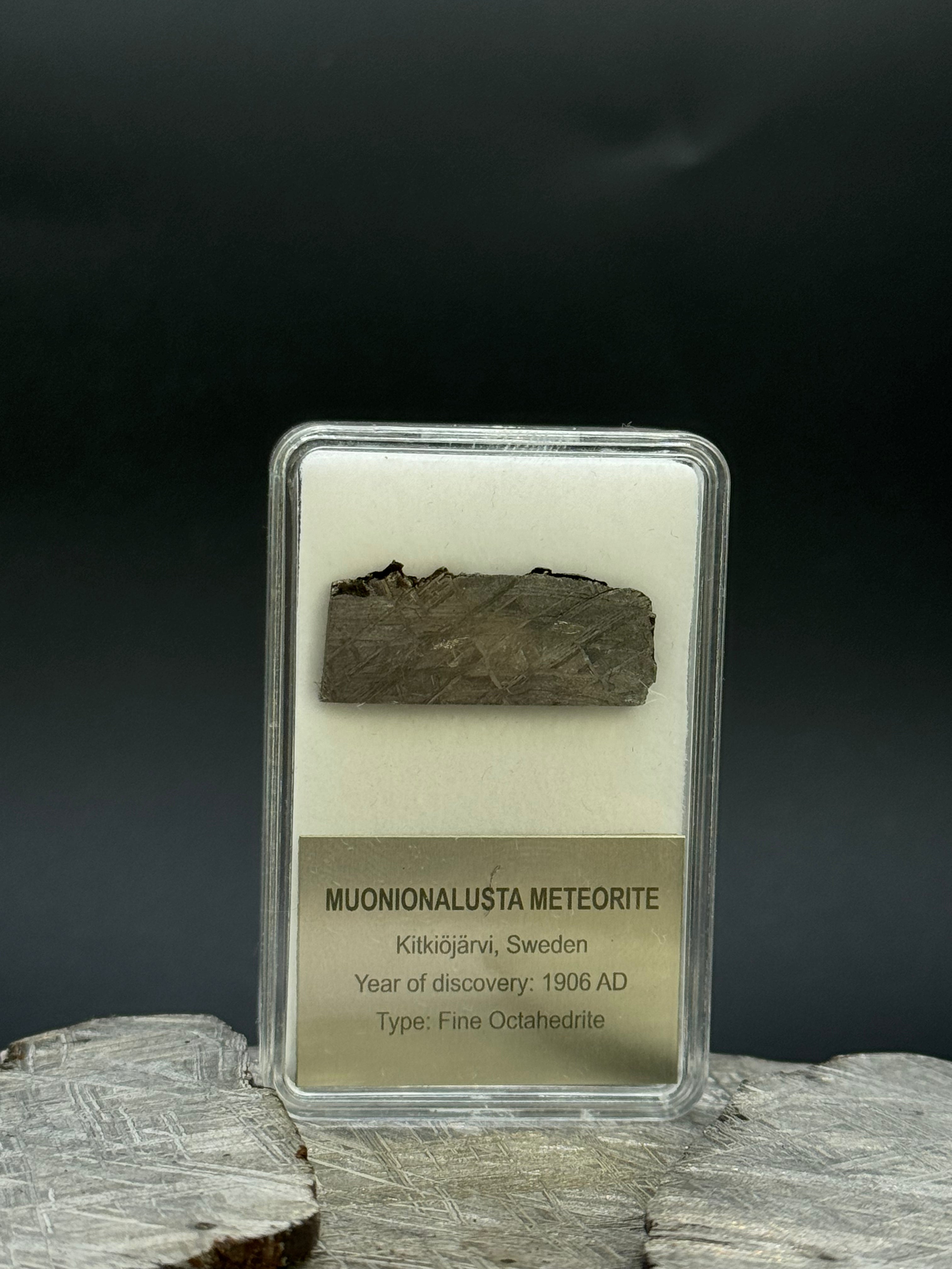 Muonionalusta meteorite, Sweden. Display box. 5,9 grams.