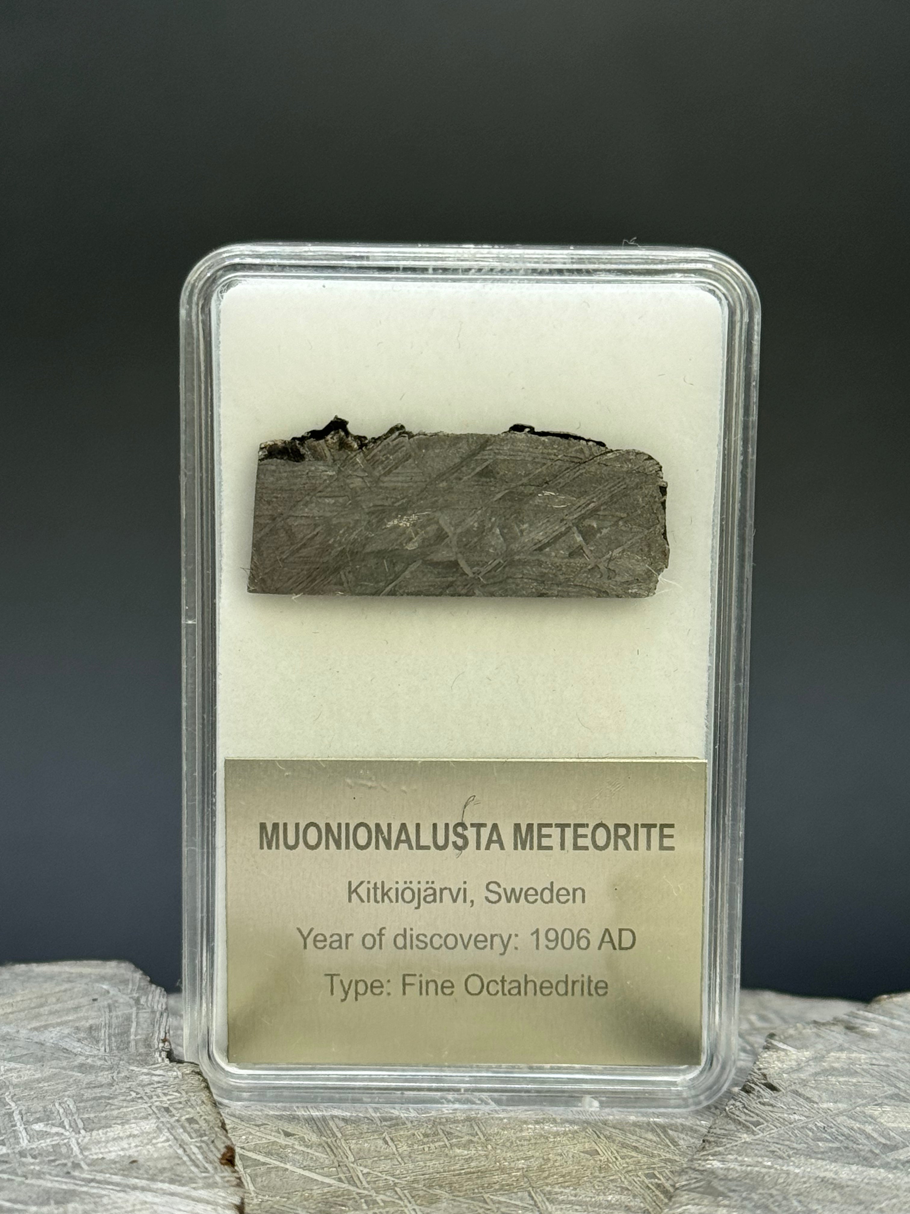 Muonionalusta meteorite, Sweden. Display box. 5,9 grams.