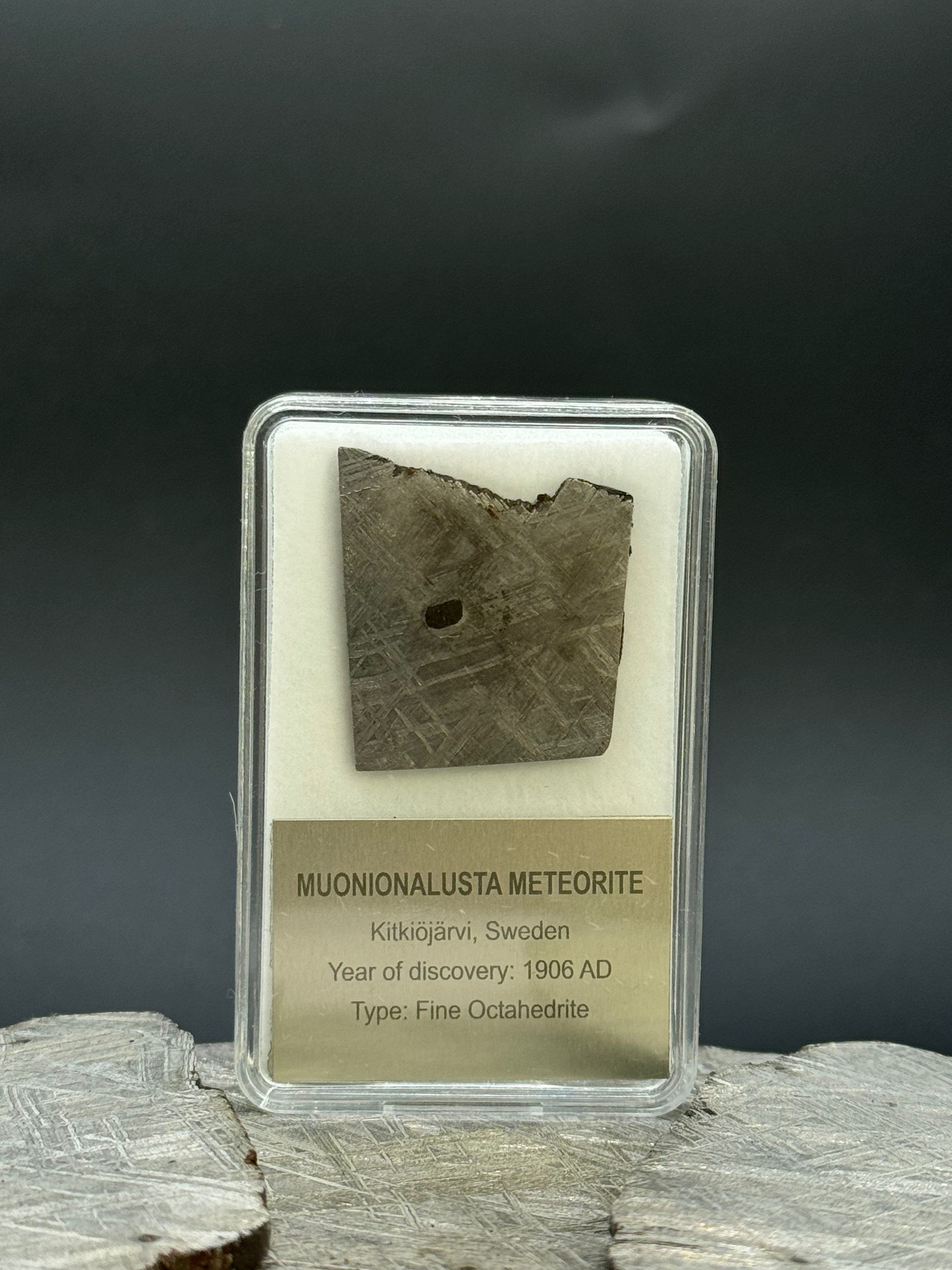 Muonionalusta meteorite, Sweden. Display box. 10 grams.