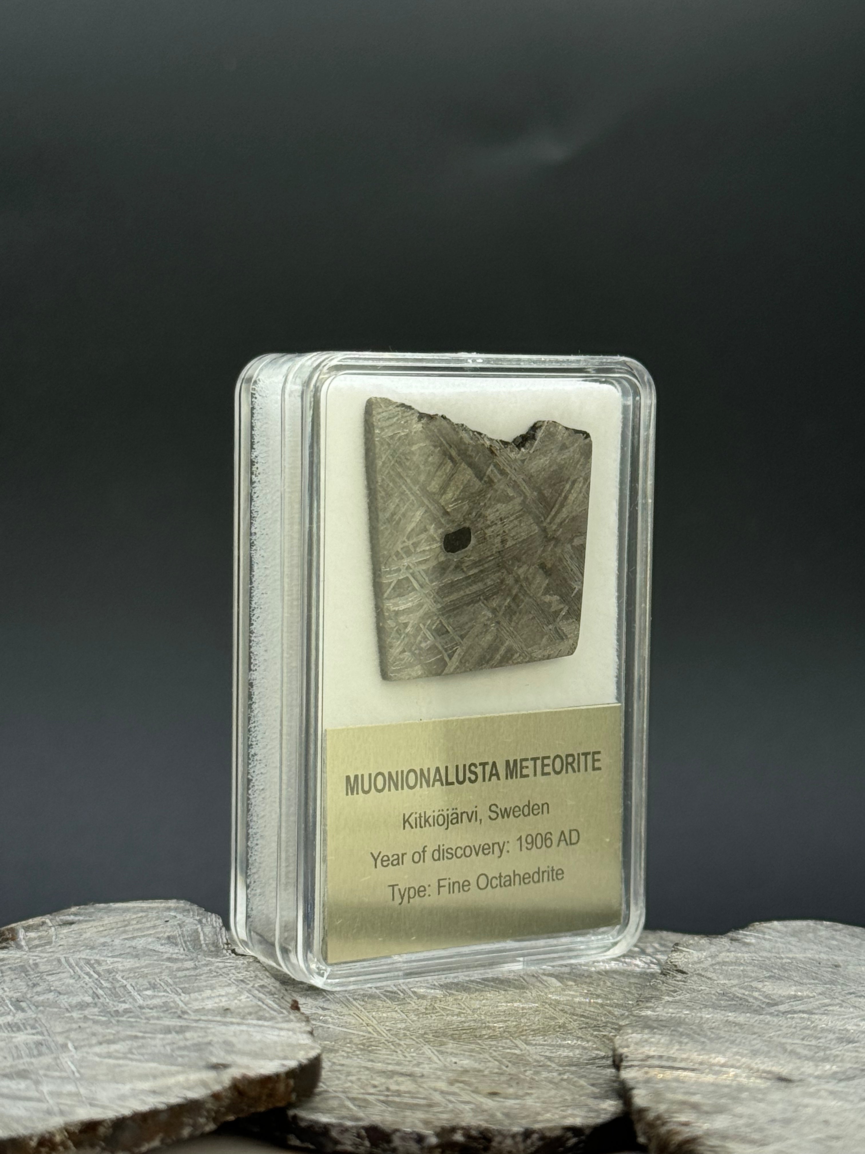 Muonionalusta meteorite, Sweden. Display box. 10 grams.