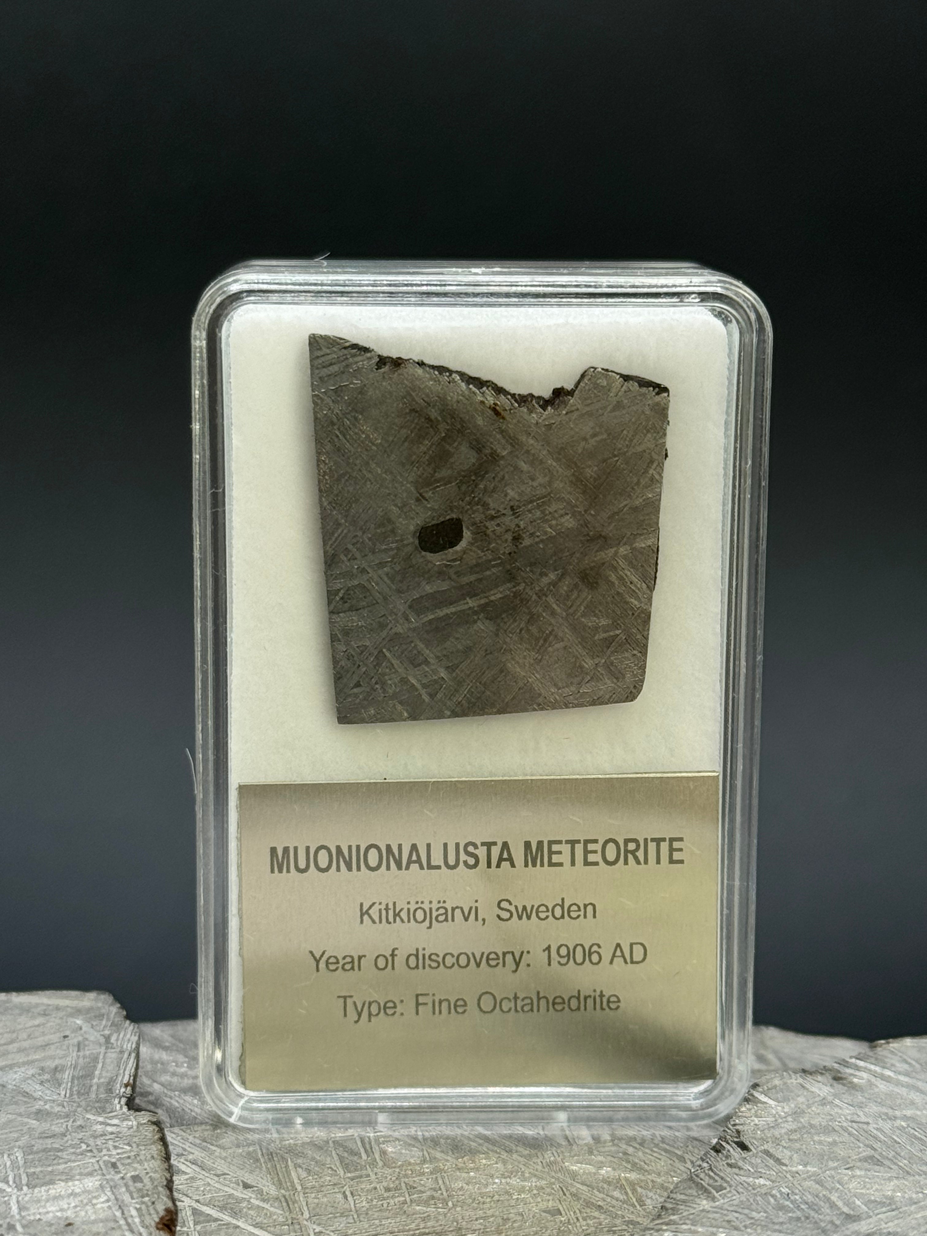 Muonionalusta meteorite, Sweden. Display box. 10 grams.