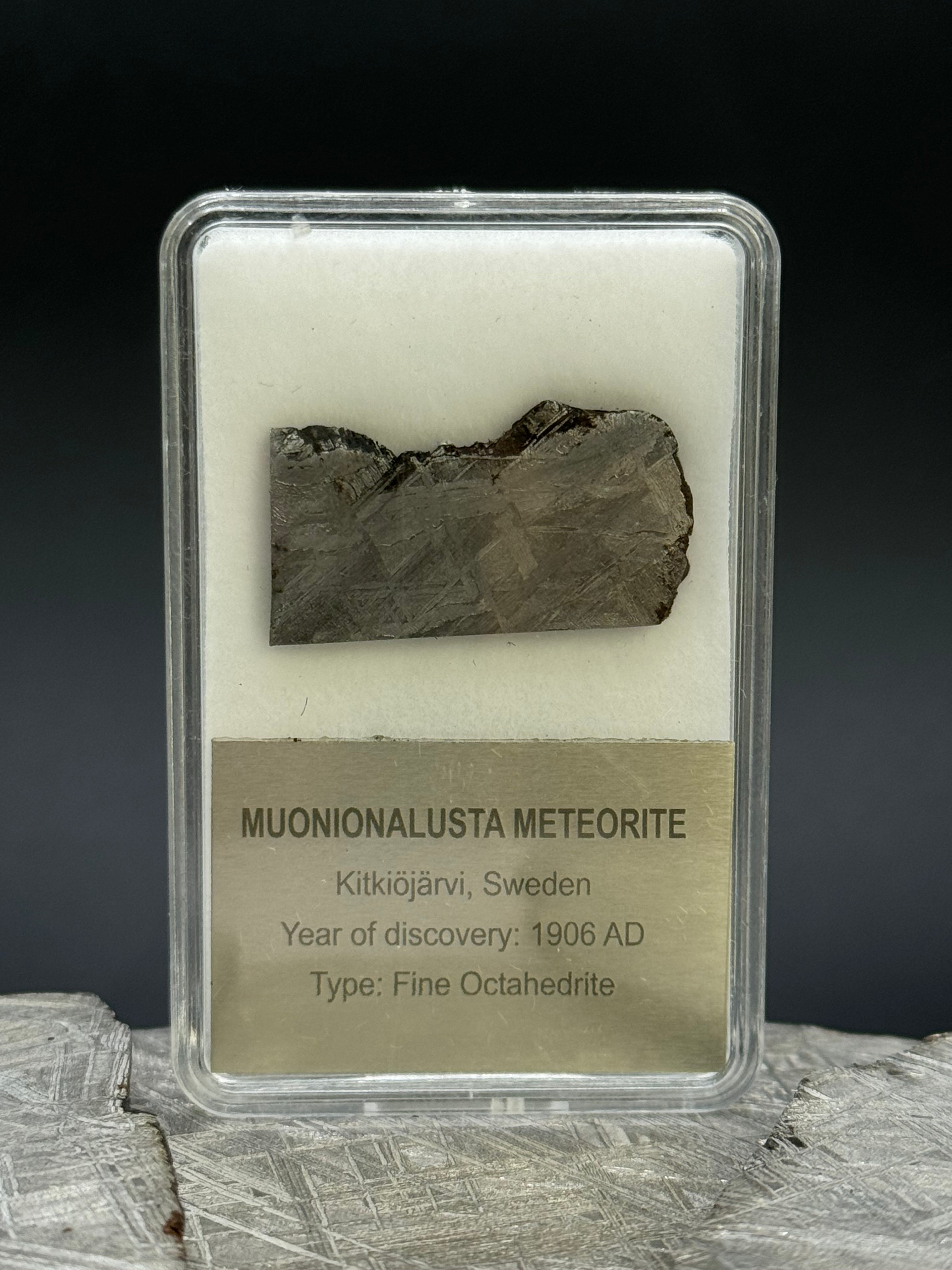Muonionalusta meteorite, Sweden. Display box. 6,5 grams.