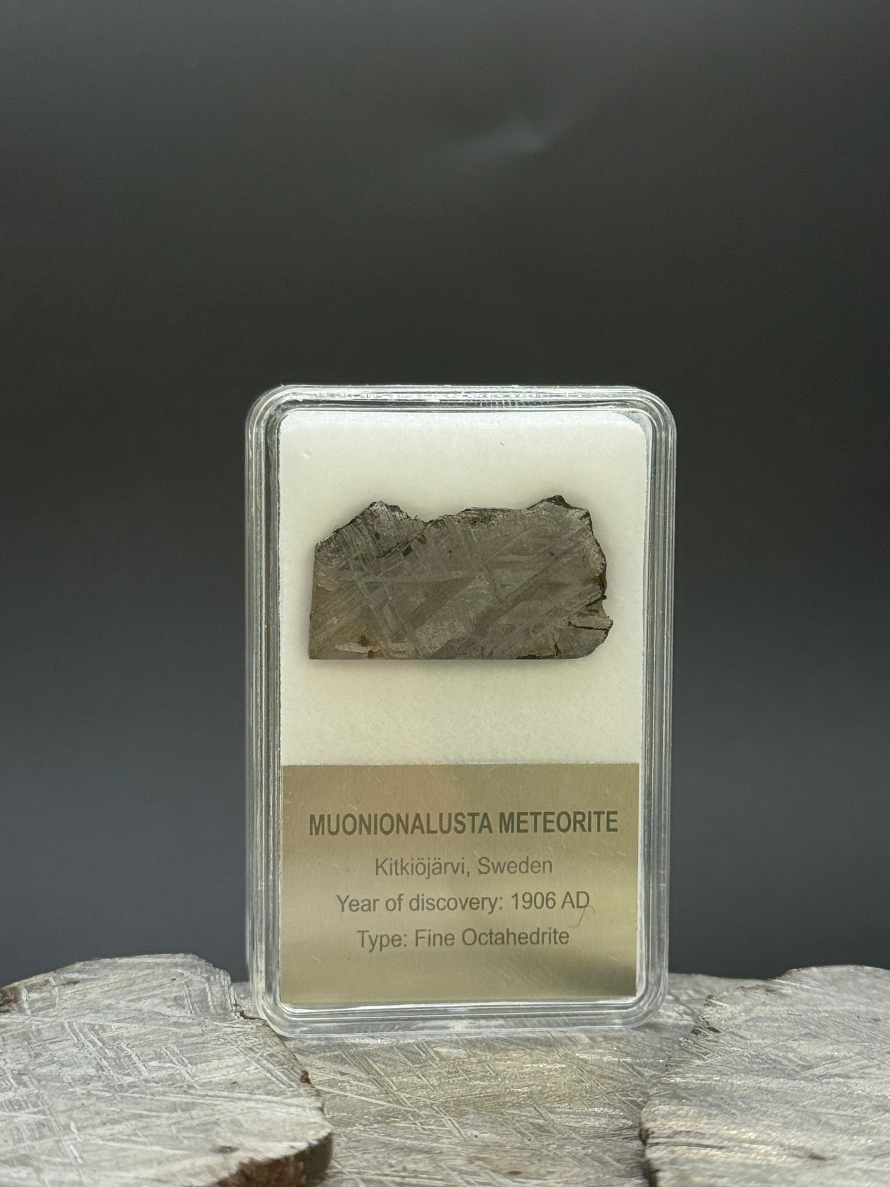 Muonionalusta meteorite, Sweden. Display box. 6,85 grams.