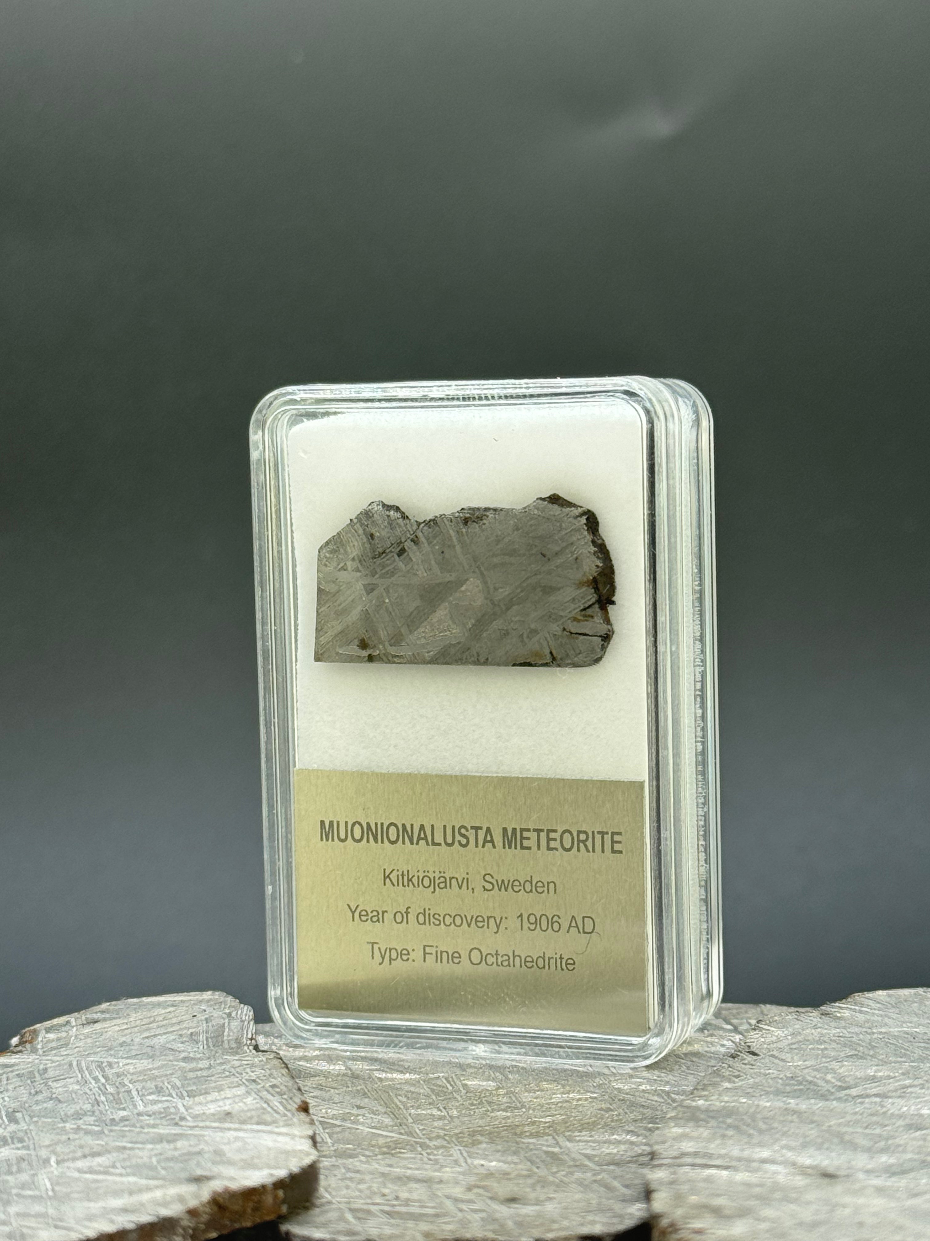 Muonionalusta meteorite, Sweden. Display box. 6,85 grams.
