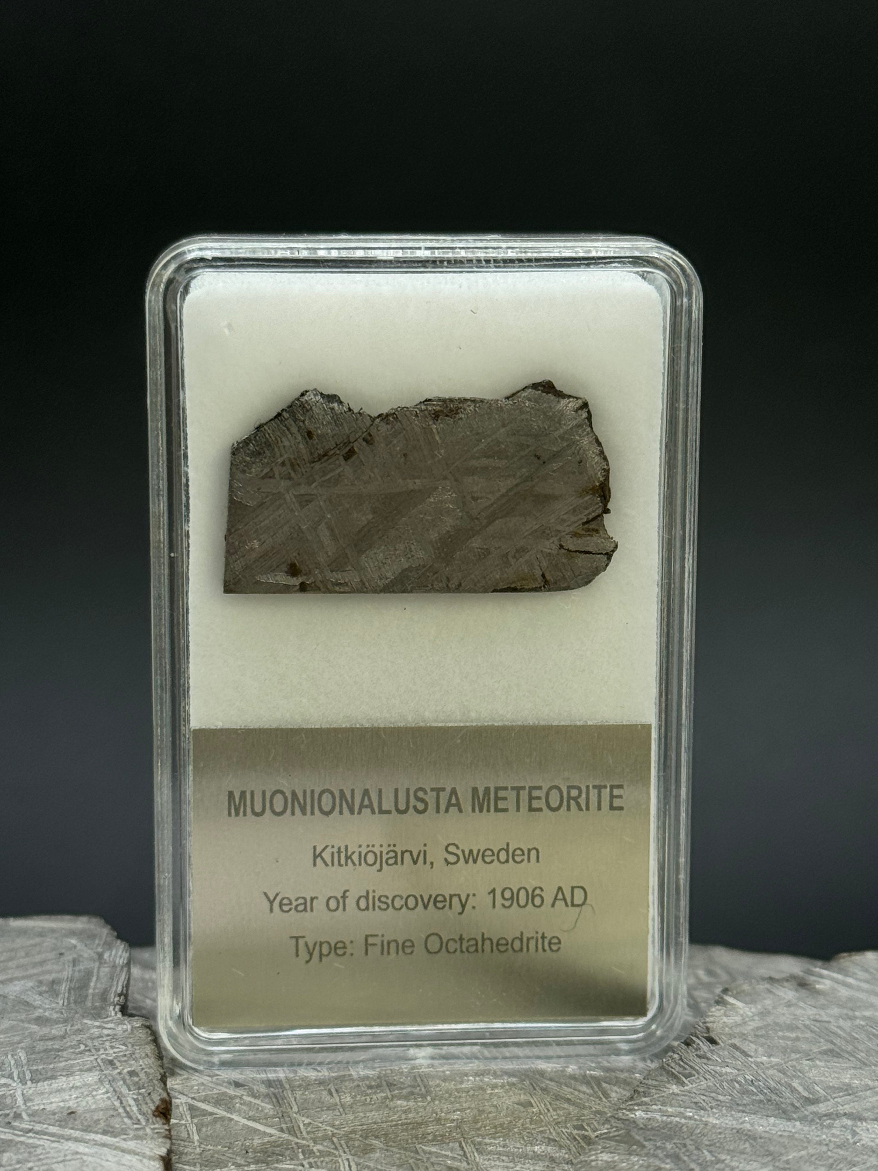 Muonionalusta meteorite, Sweden. Display box. 6,85 grams.