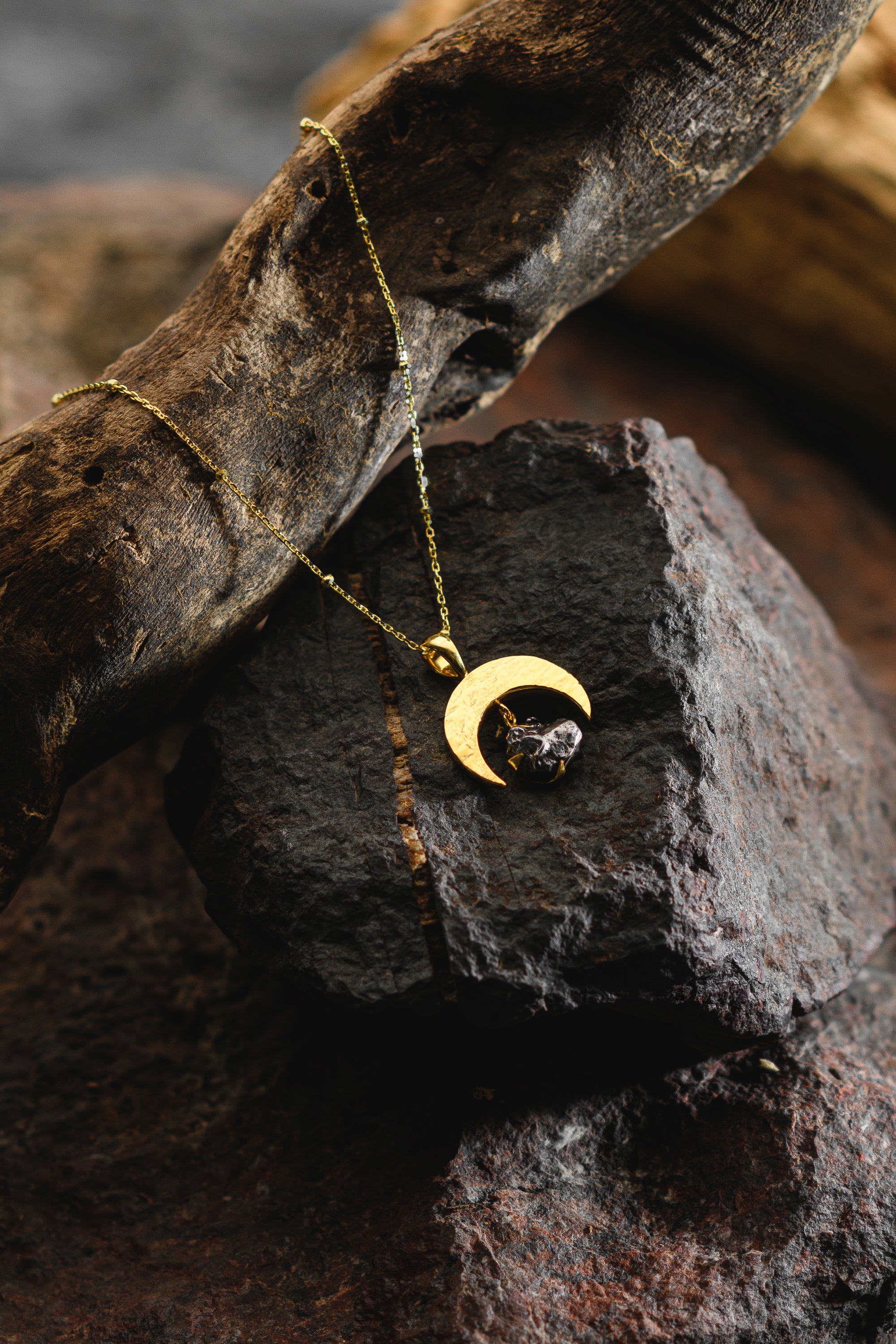 Campo del Cielo meteorite, moon pendant, 18k Gold plated
