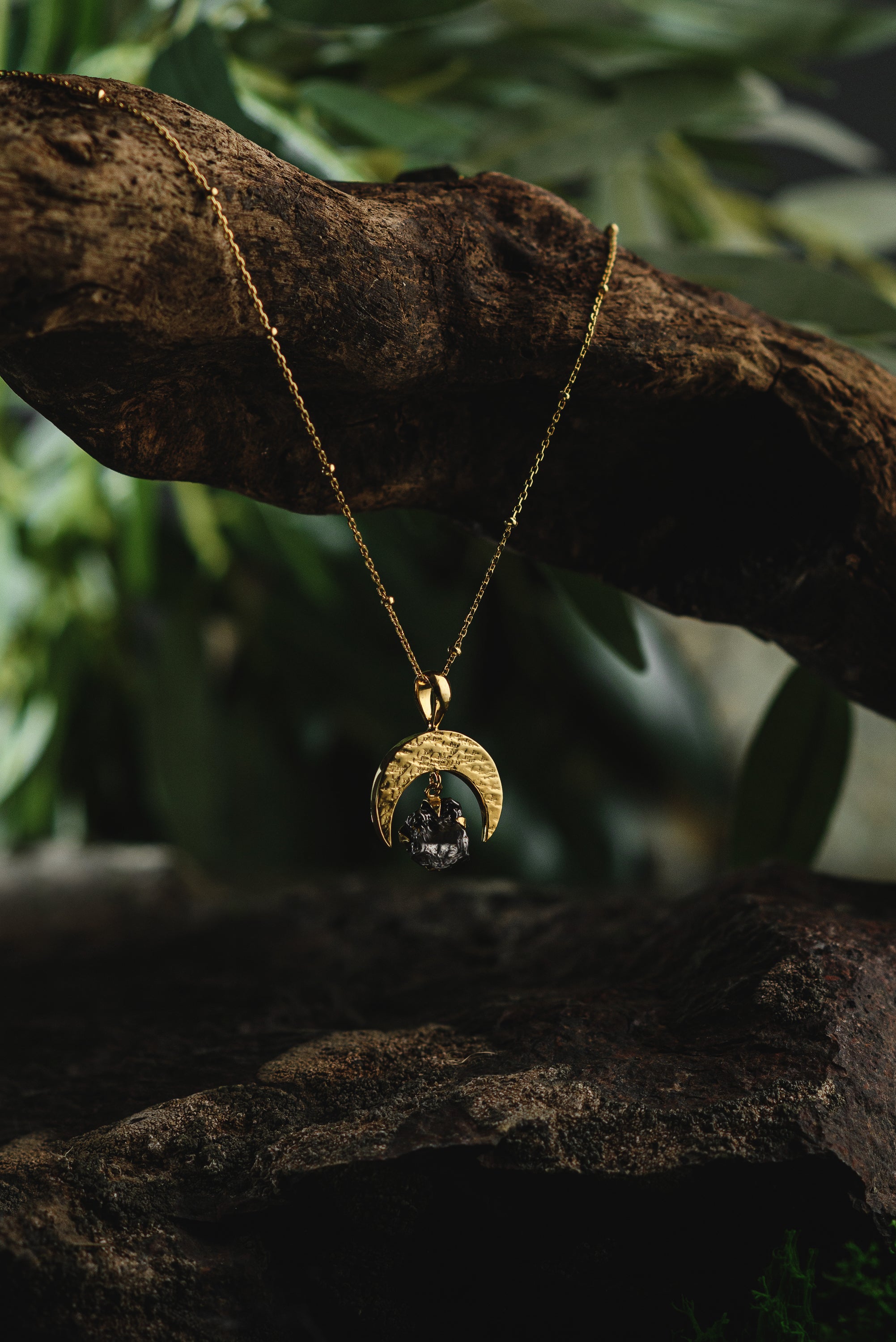 Campo del Cielo meteorite, moon pendant, 18k Gold plated