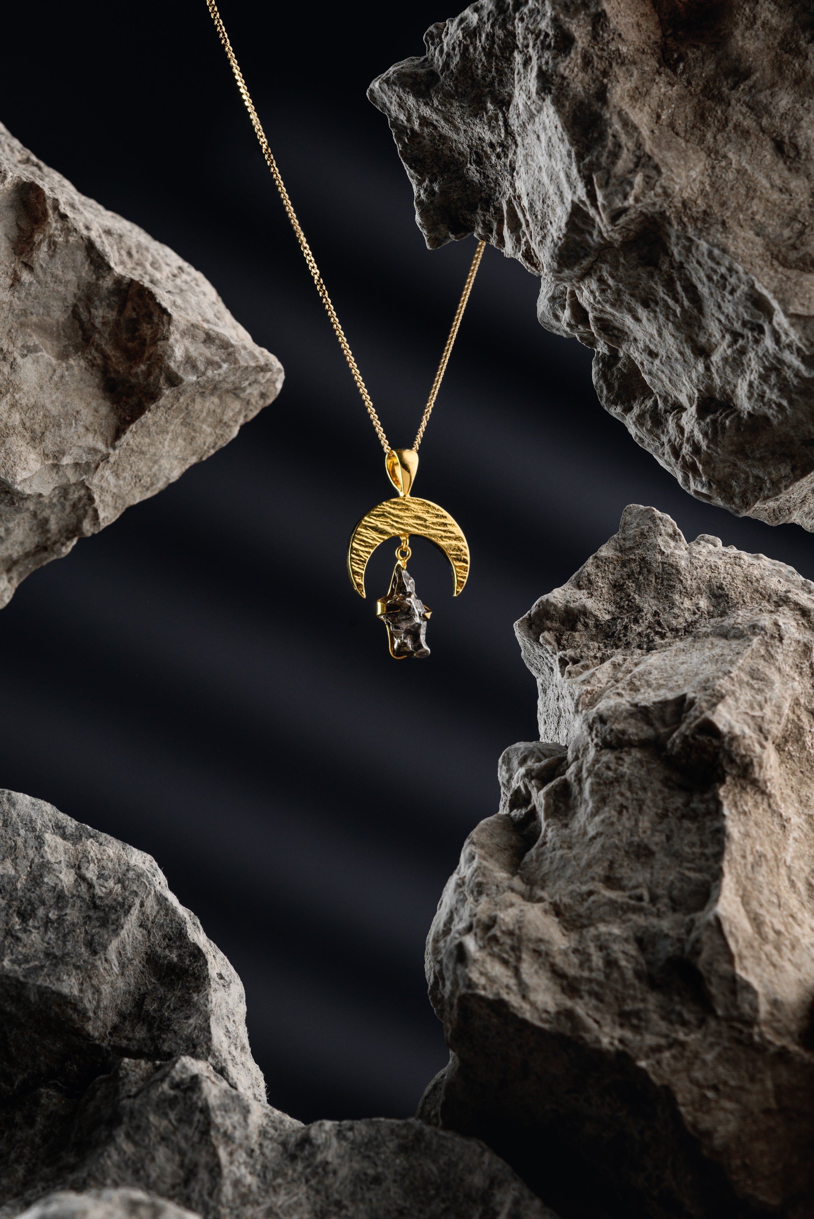 Campo del Cielo meteorite, moon pendant, 18k Gold plated