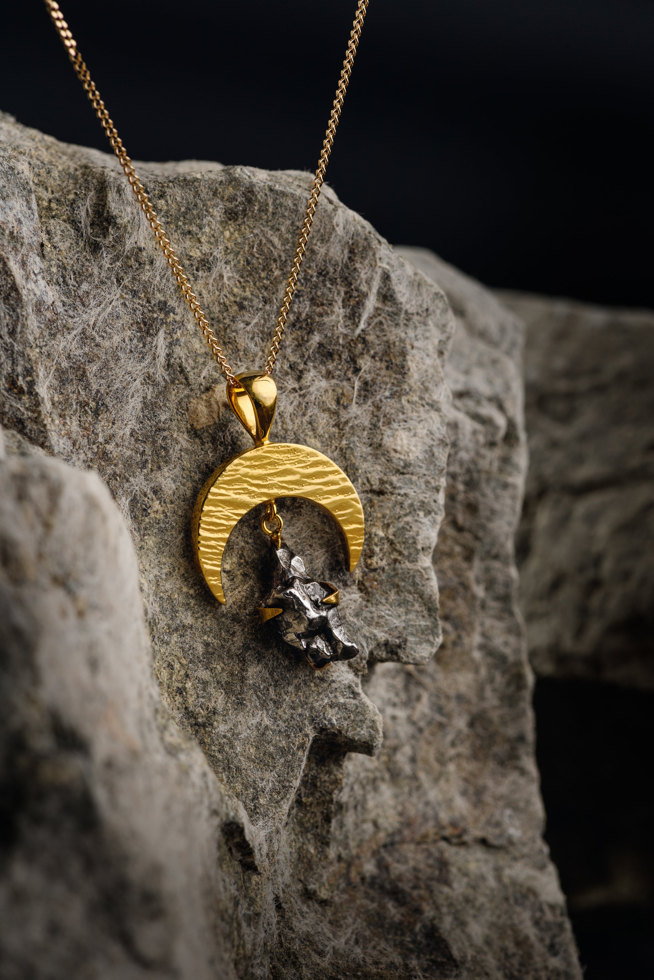 Campo del Cielo meteorite, moon pendant, 18k Gold plated