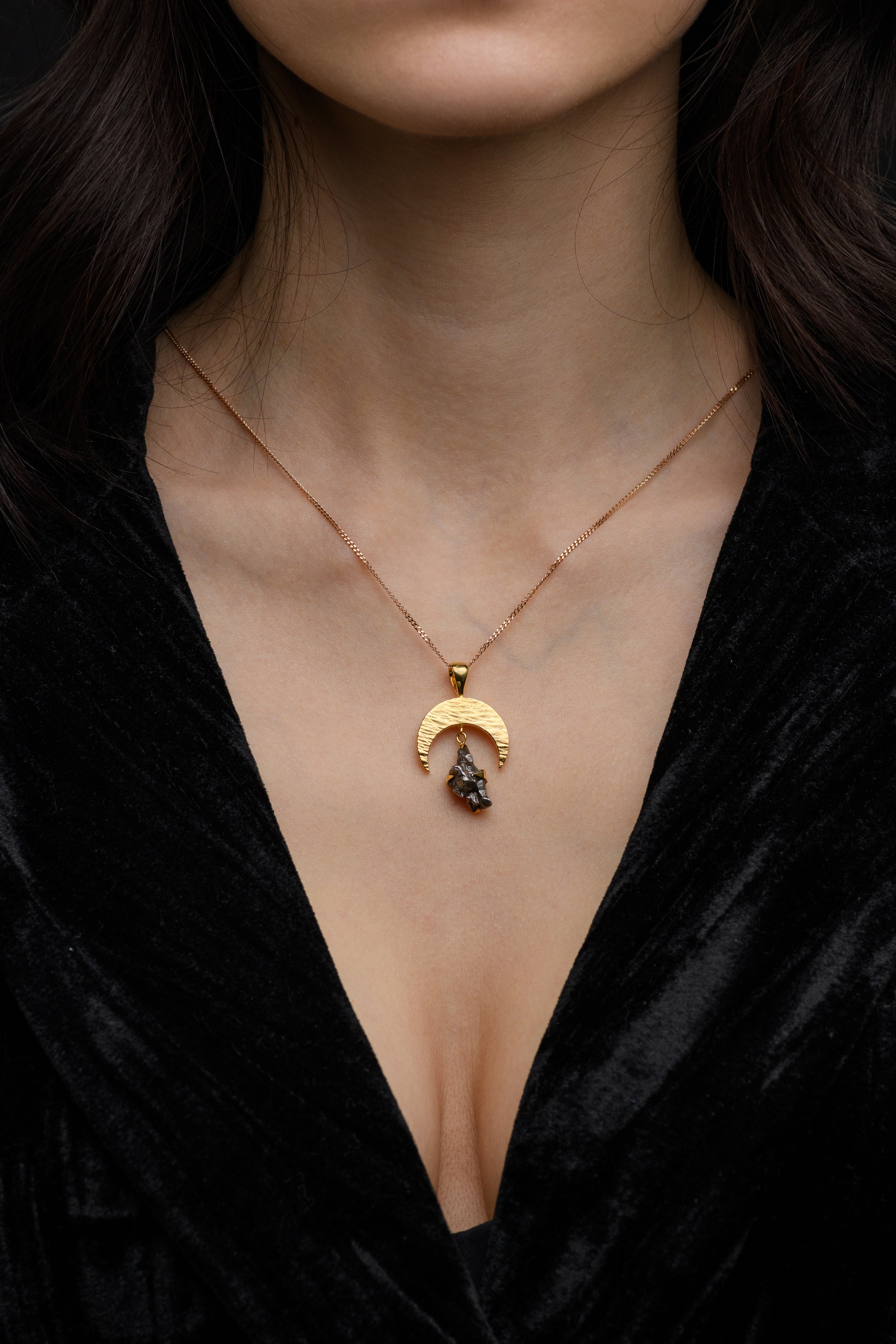 Campo del Cielo meteorite, moon pendant, 18k Gold plated