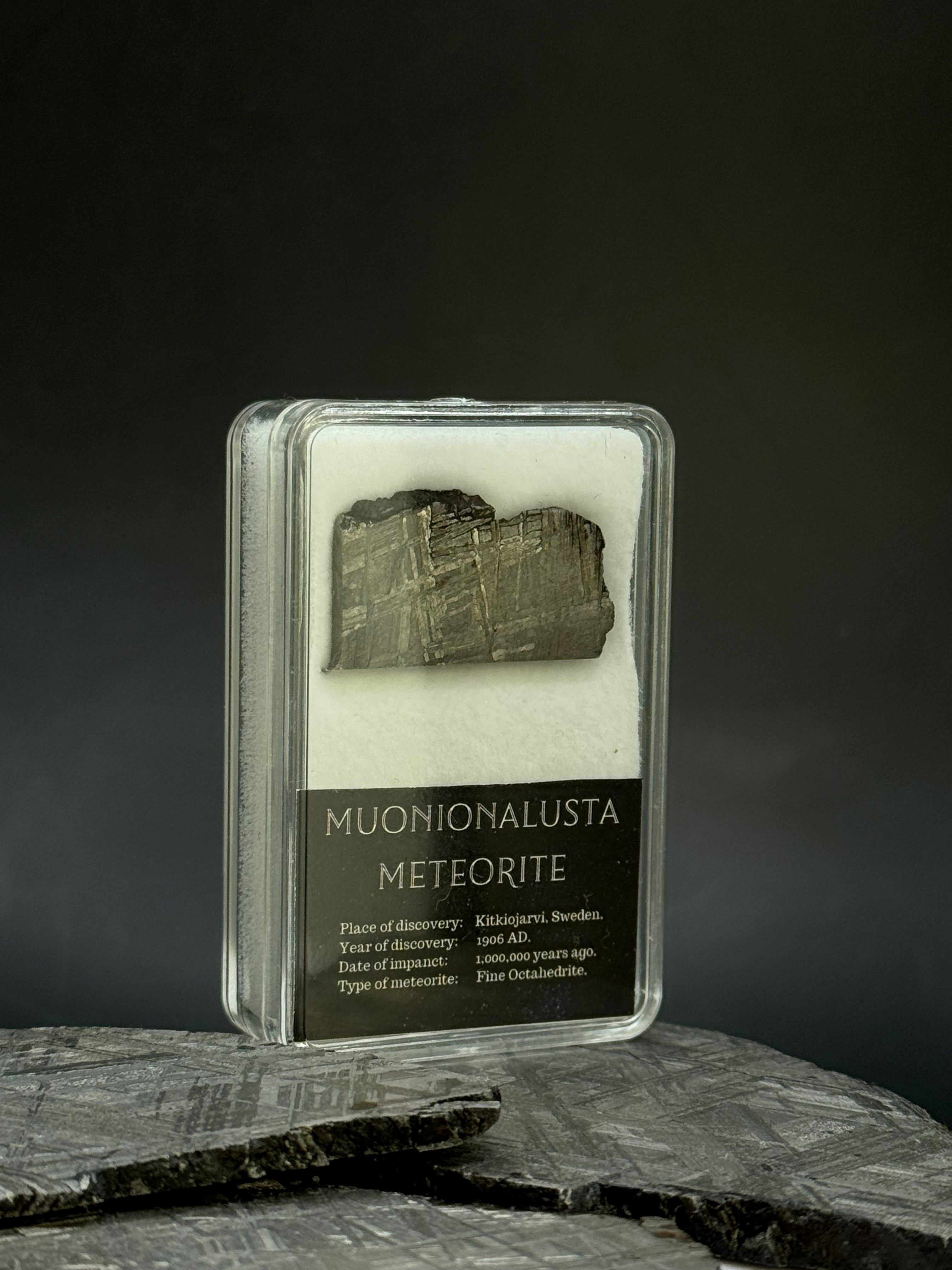 Muonionalusta meteorite in display box. 7,55 grams