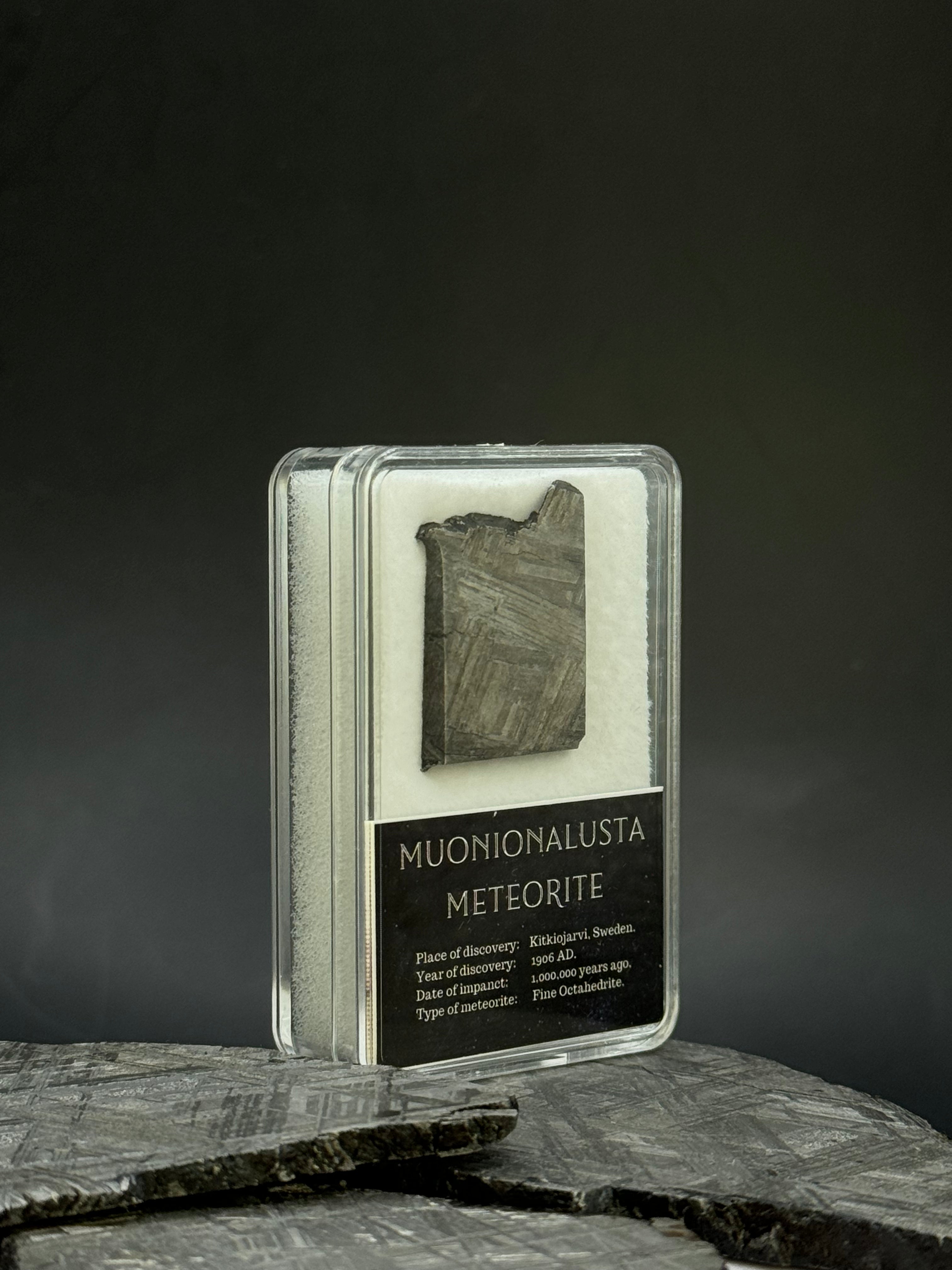 Muonionalusta meteorite in display box. 8,51 grams.