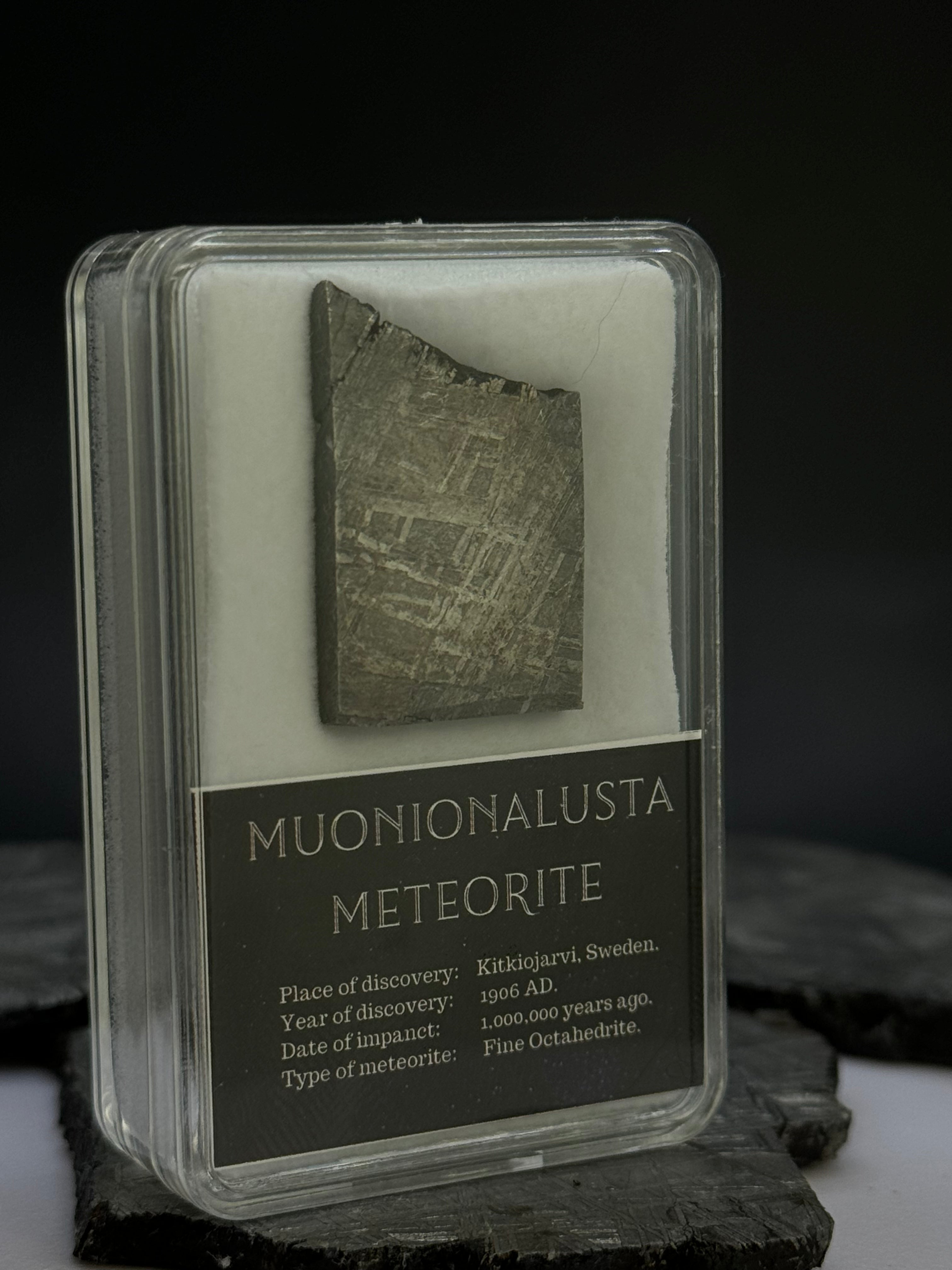 Muonionalusta meteorite in display box. 10,11 grams.