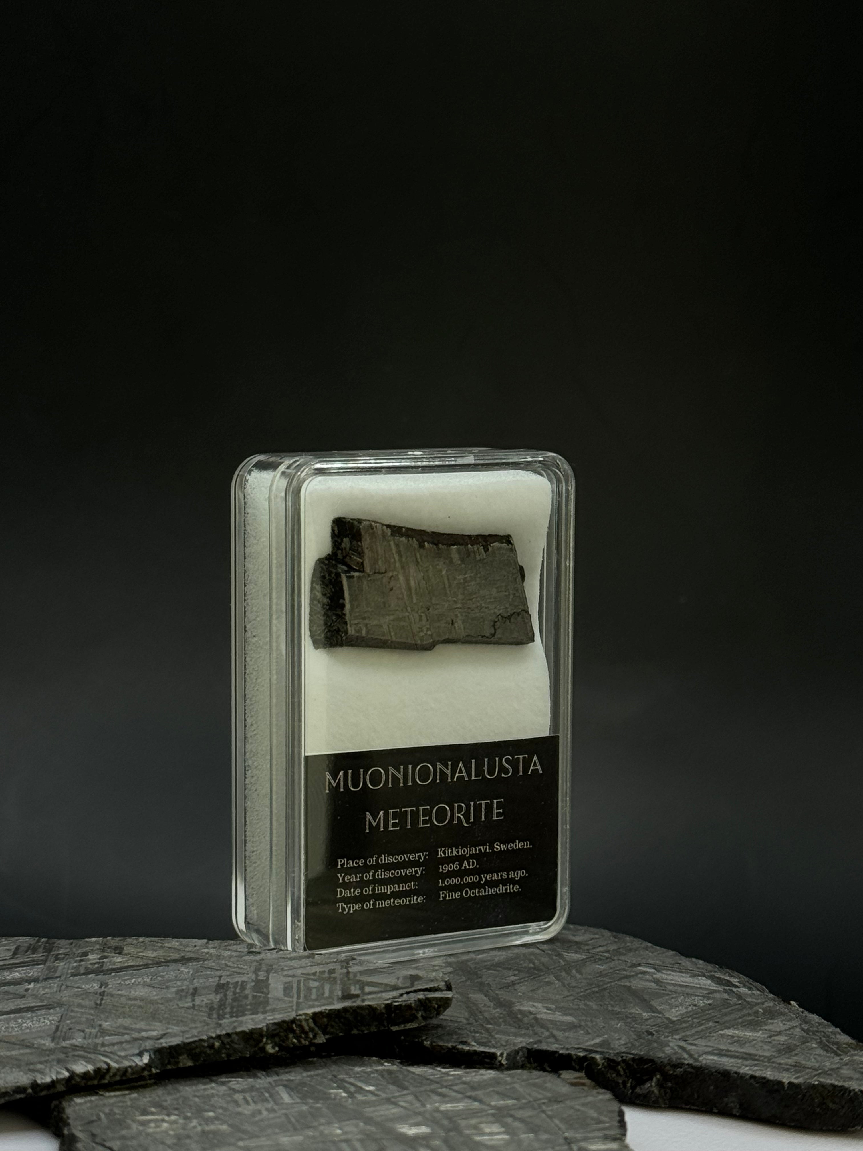 Muonionalusta meteorite in display box. 8,53 grams.