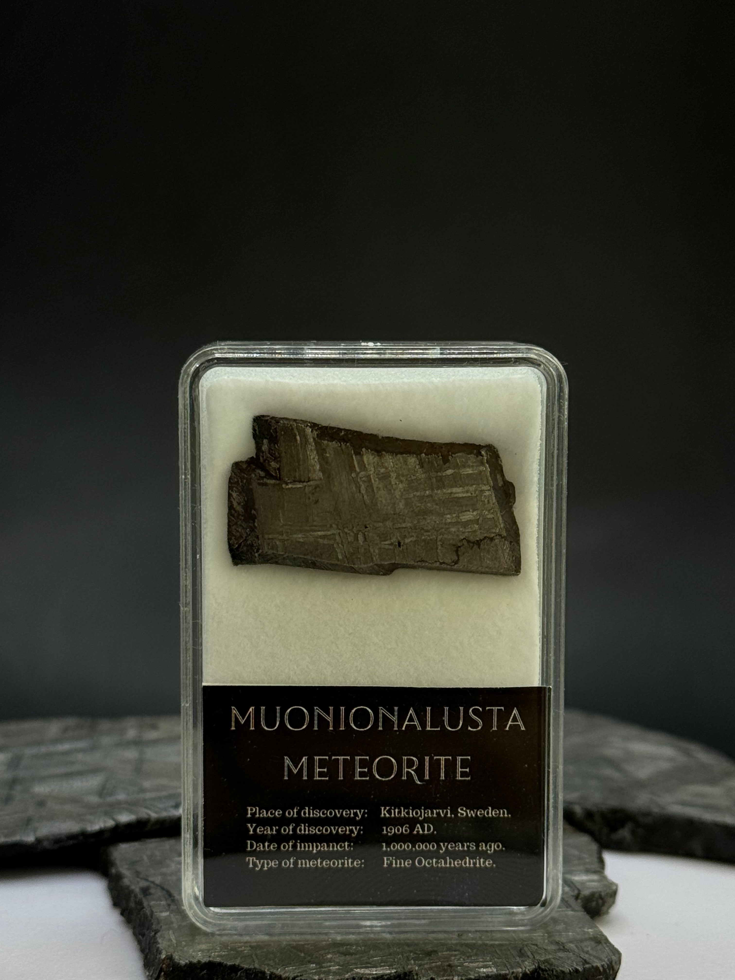 Muonionalusta meteorite in display box. 8,53 grams.