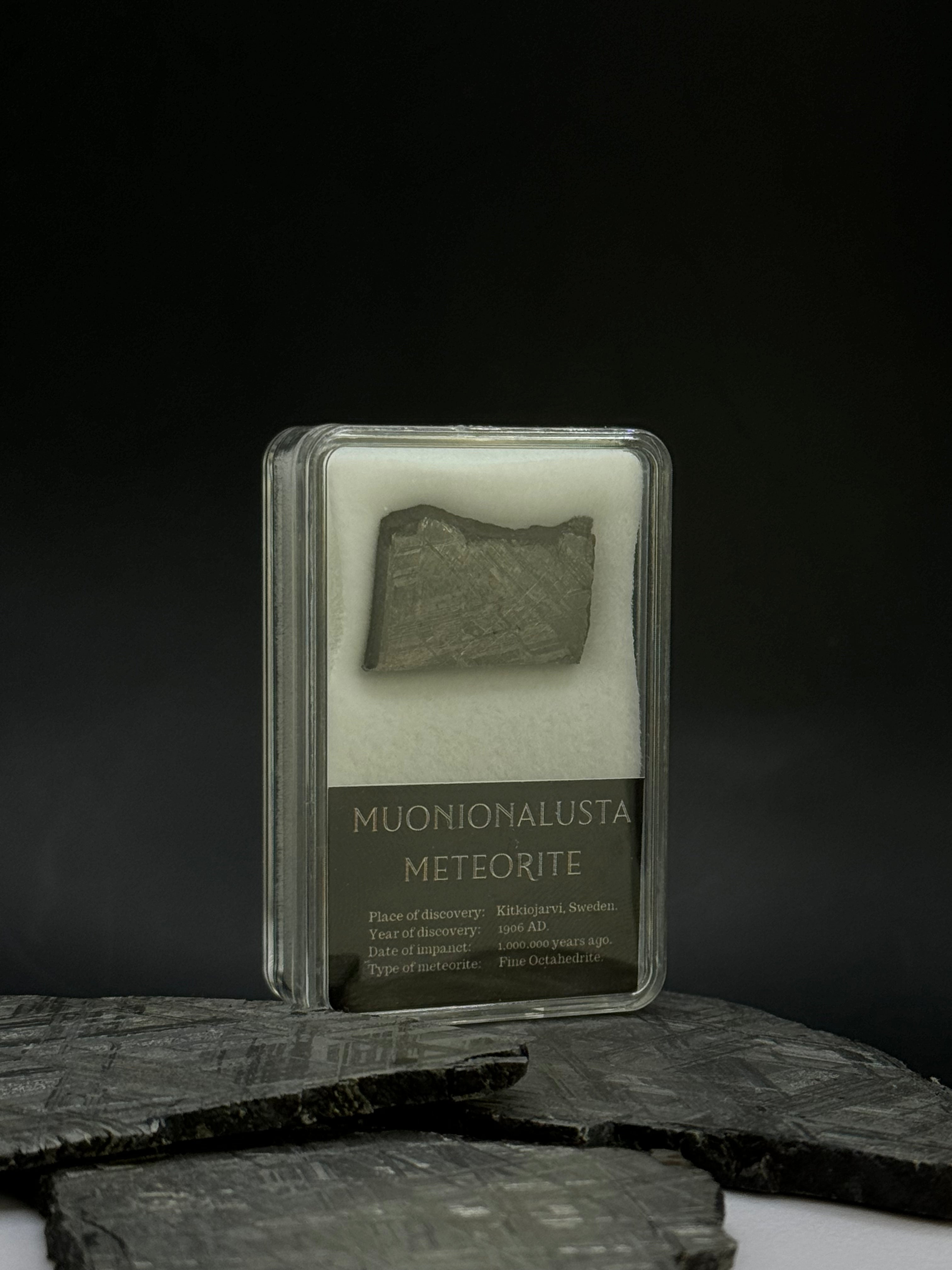Muonionalusta meteorite in display box. 8,6 grams.