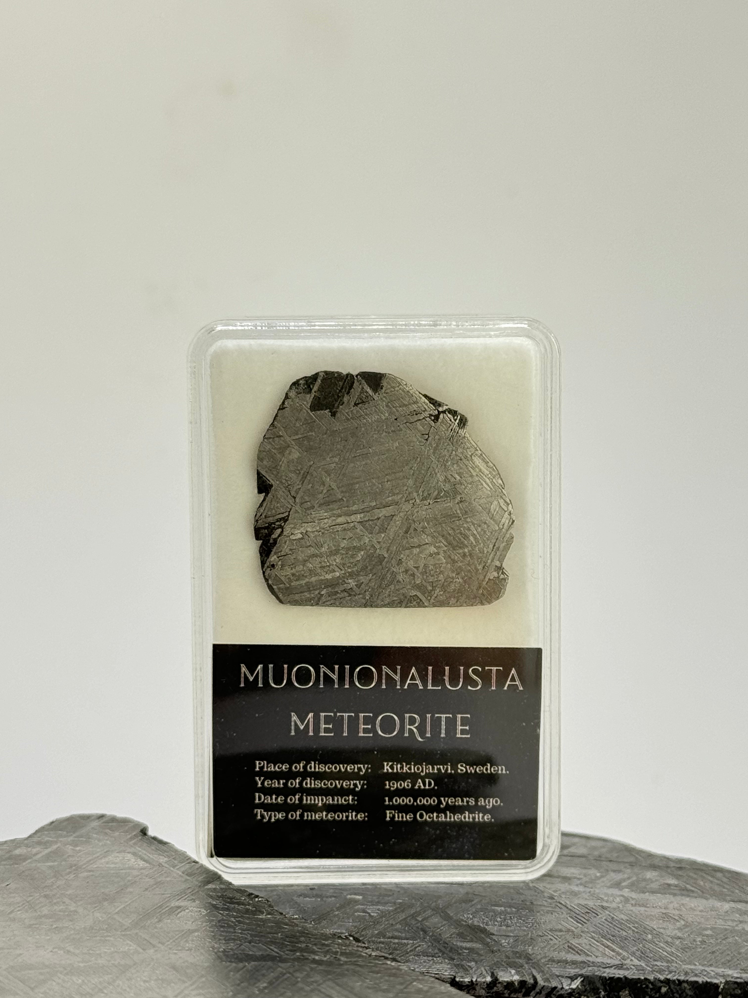 Muonionalusta meteorite in display box. 8,3 grams.