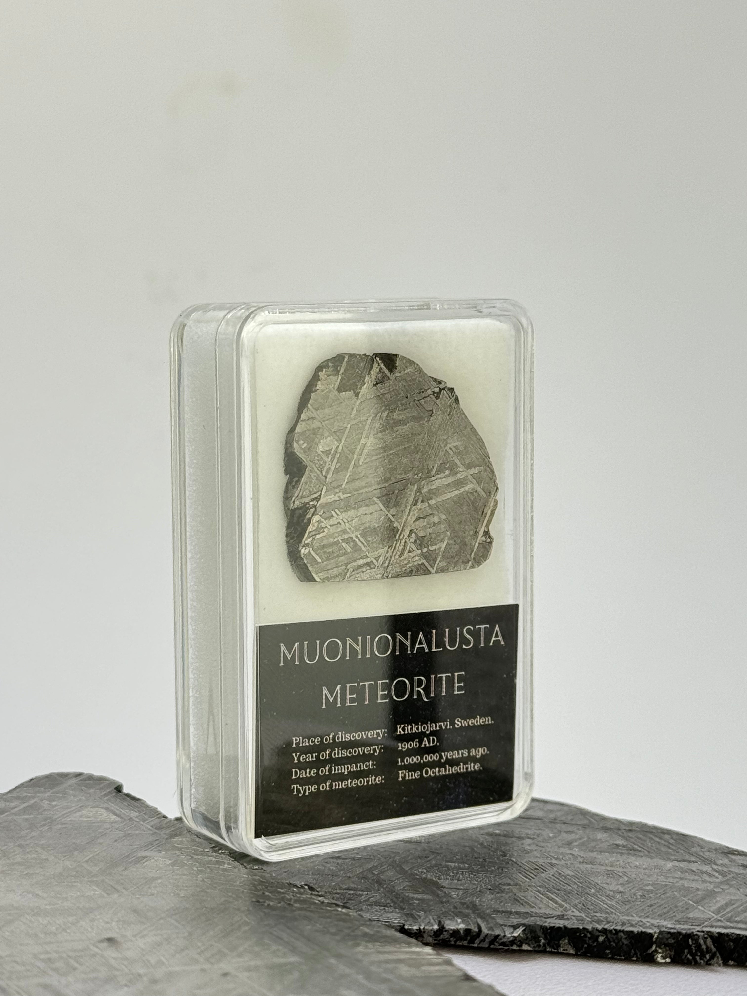 Muonionalusta meteorite in display box. 8,3 grams.