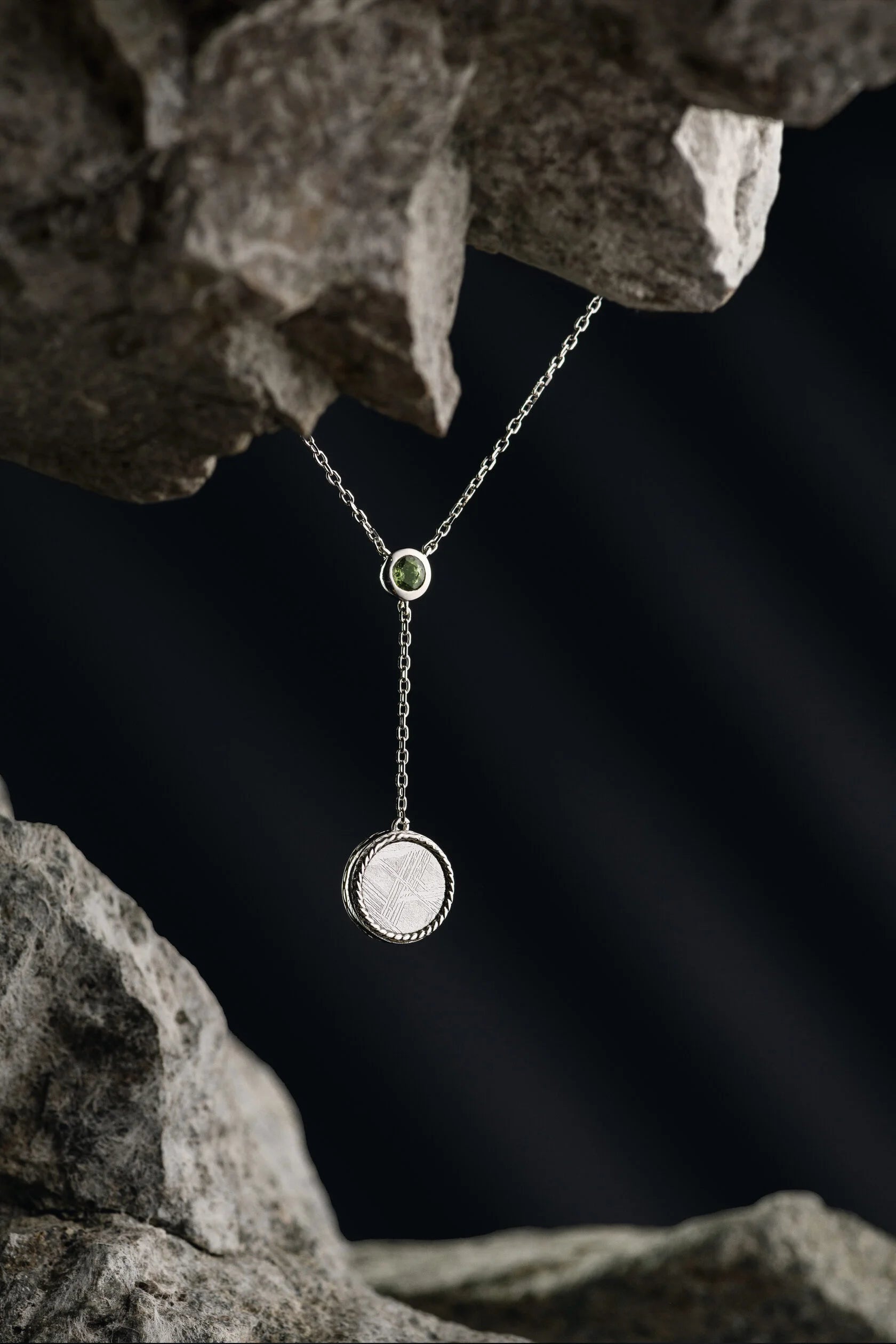 Muonionalusta meteorite and Moldavite pendant, aurora.