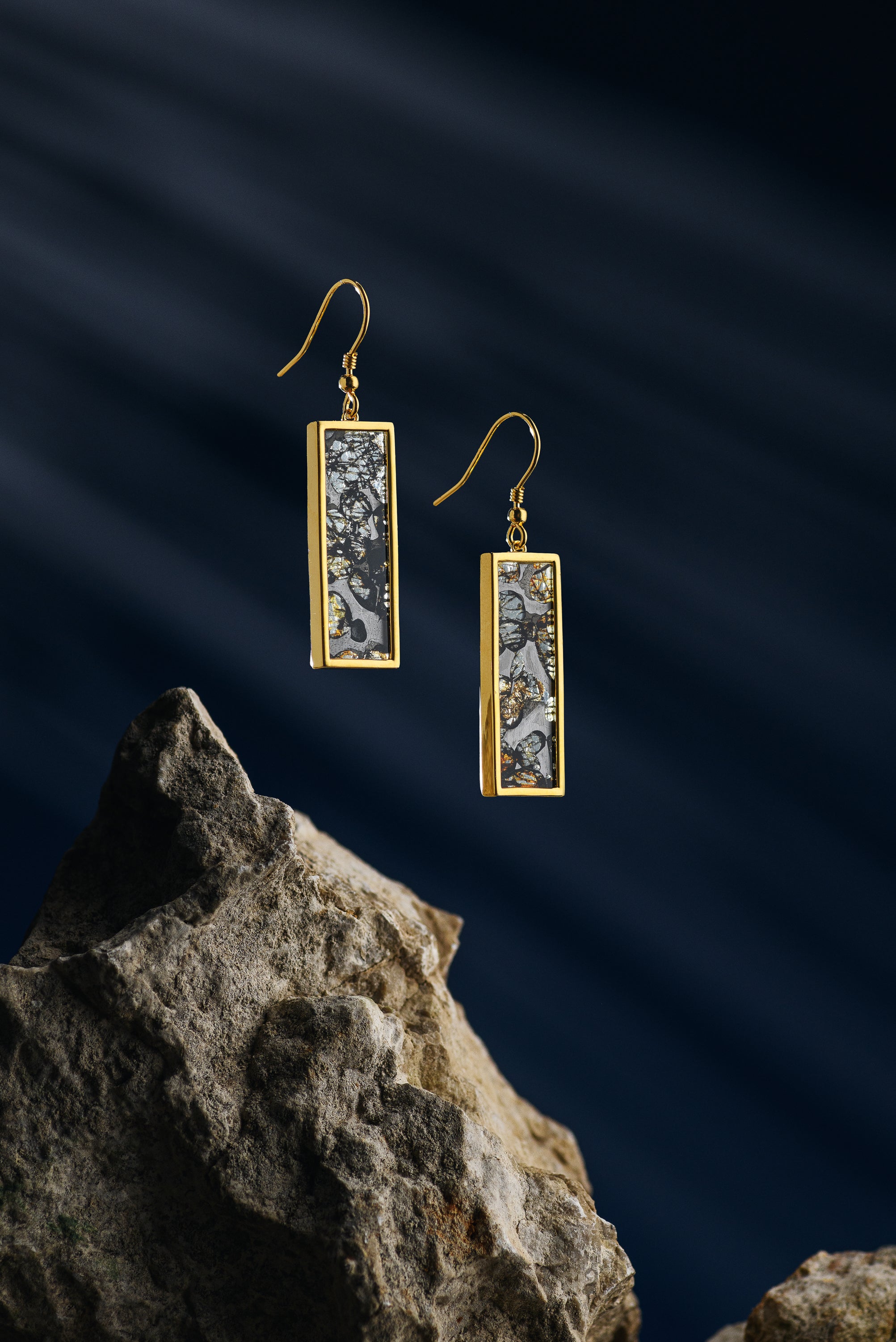 Sericho meteorite long earrings, Gold Plated.