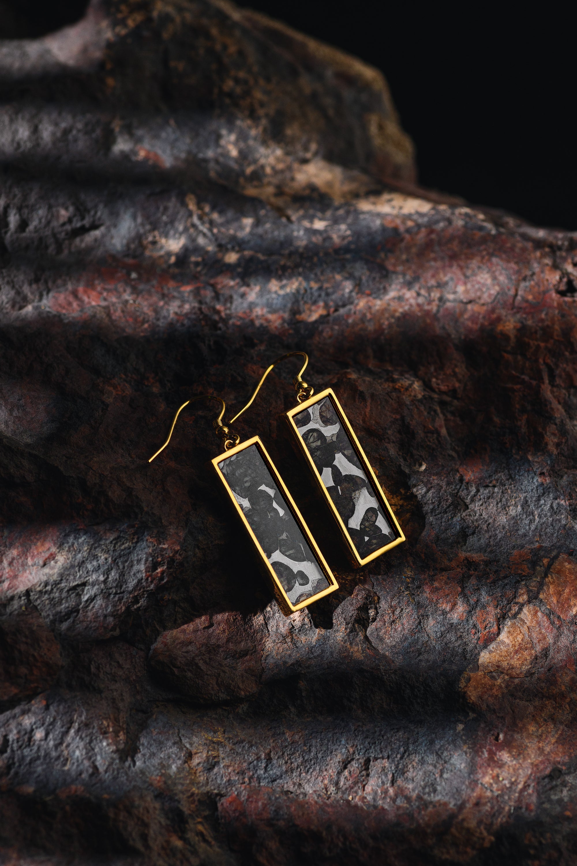 Sericho meteorite long earrings, Gold Plated.