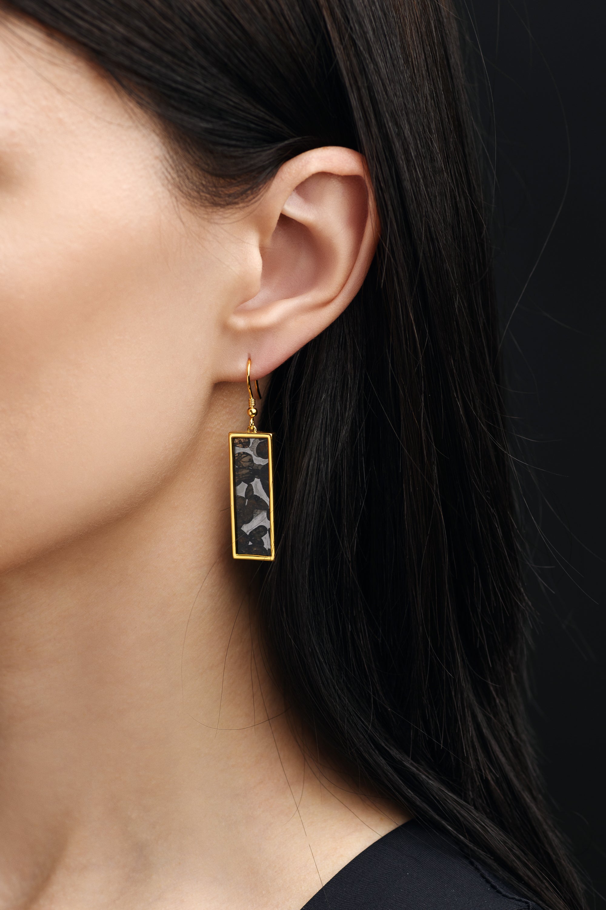 Sericho meteorite long earrings, Gold Plated.
