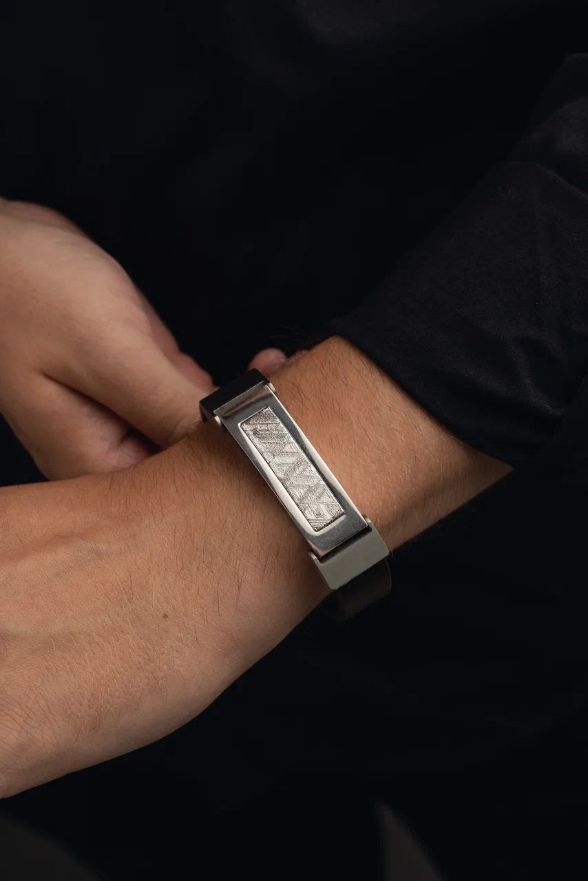 Leather and Stainles steel Meteorite Bracelet