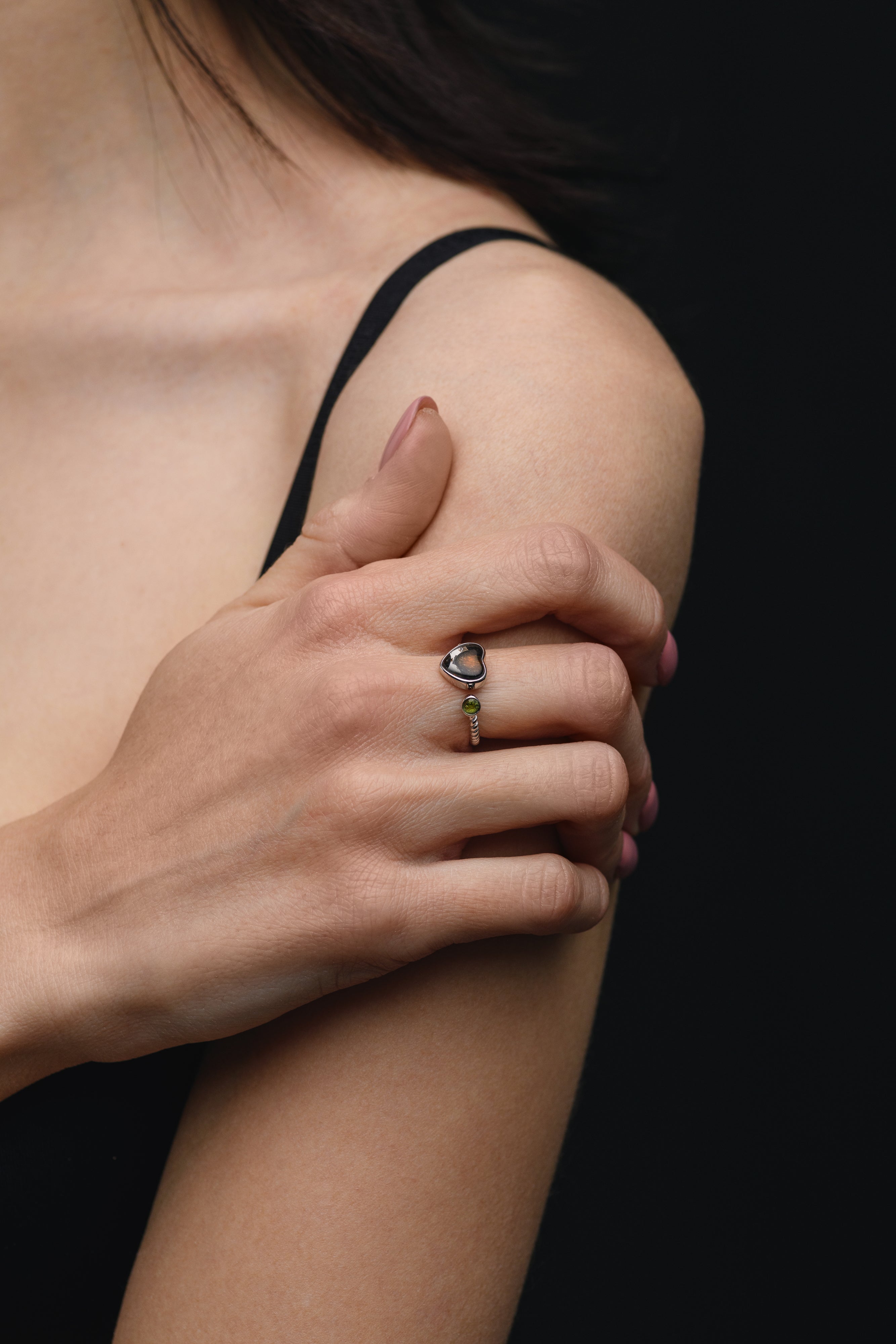 Sericho Meteorite & Moldavite Heart ring