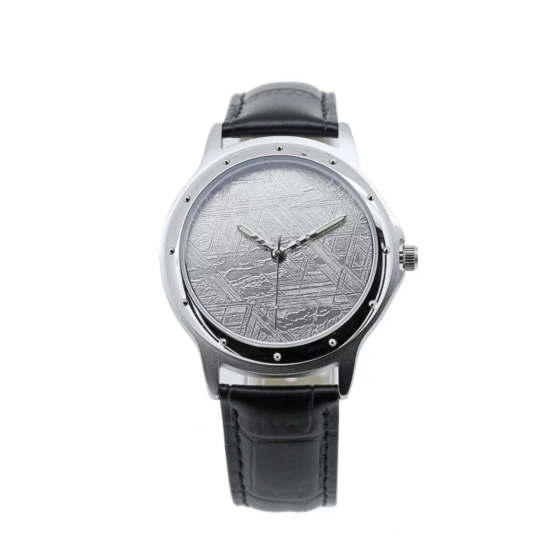 Sophisticated meteorite watch dial, crafted with Muonionalusta meteorite. Genuine meteorite watch, lends unique texture and elegance to this finely crafted watch face