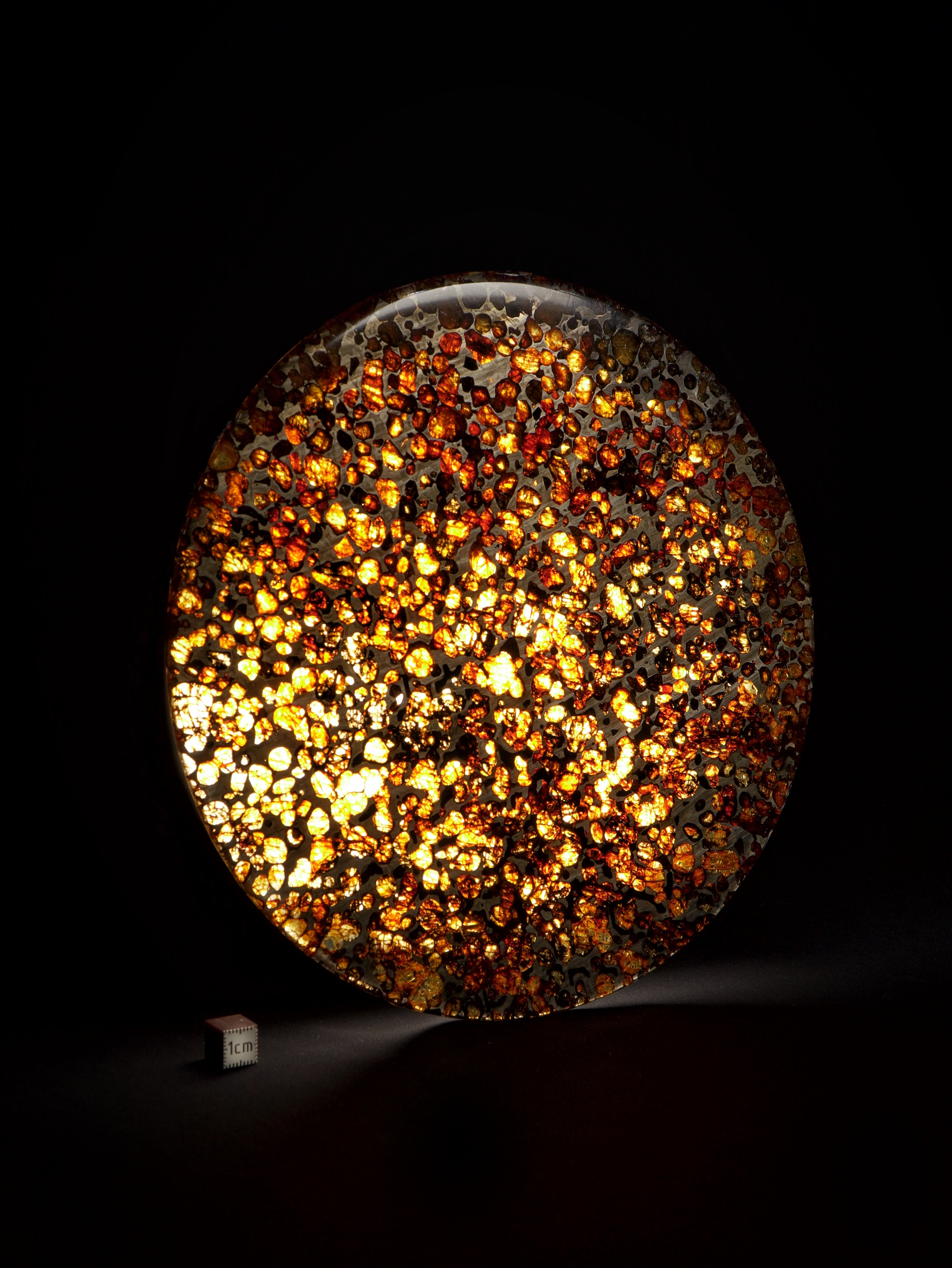SERICHO PALLASITE METEORITE, KENYA. 286 GRAMS — PERFECTLY ROUND SLICE