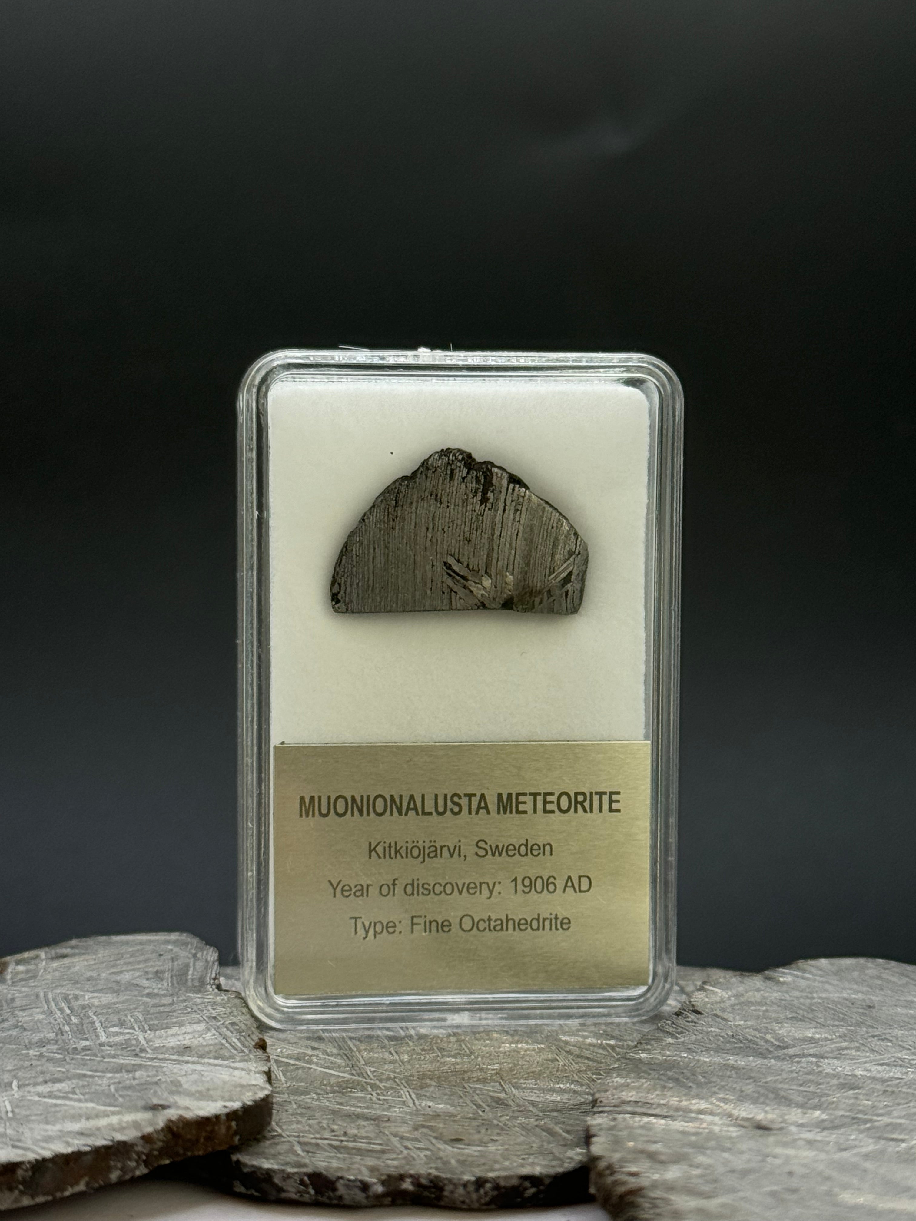 Muonionalusta meteorite, Sweden. Display box. 5,2 grams.