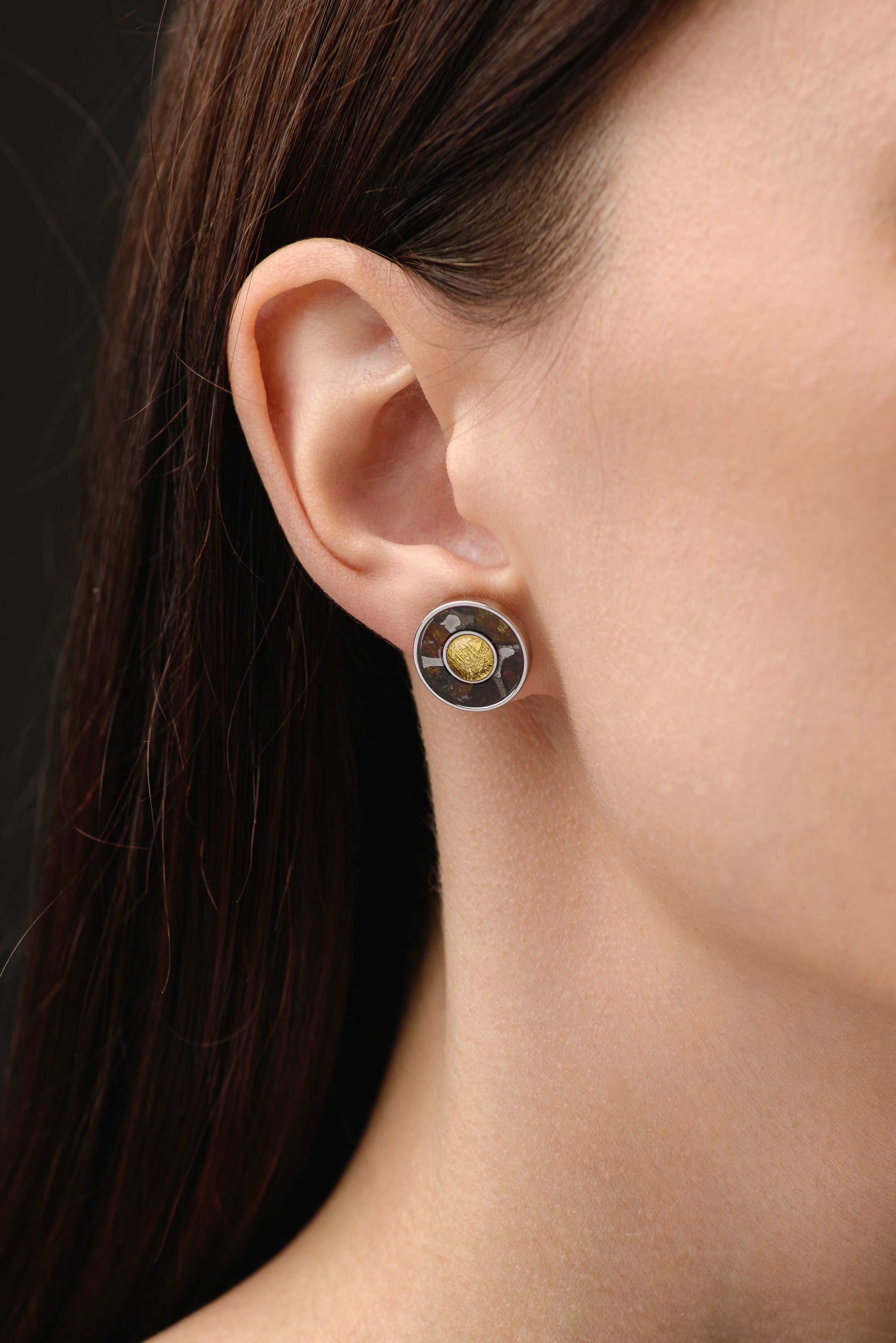 MUONIONALUSTA AND SERICHO METEORITE STUD EARRINGS, GOLD PLATED.
