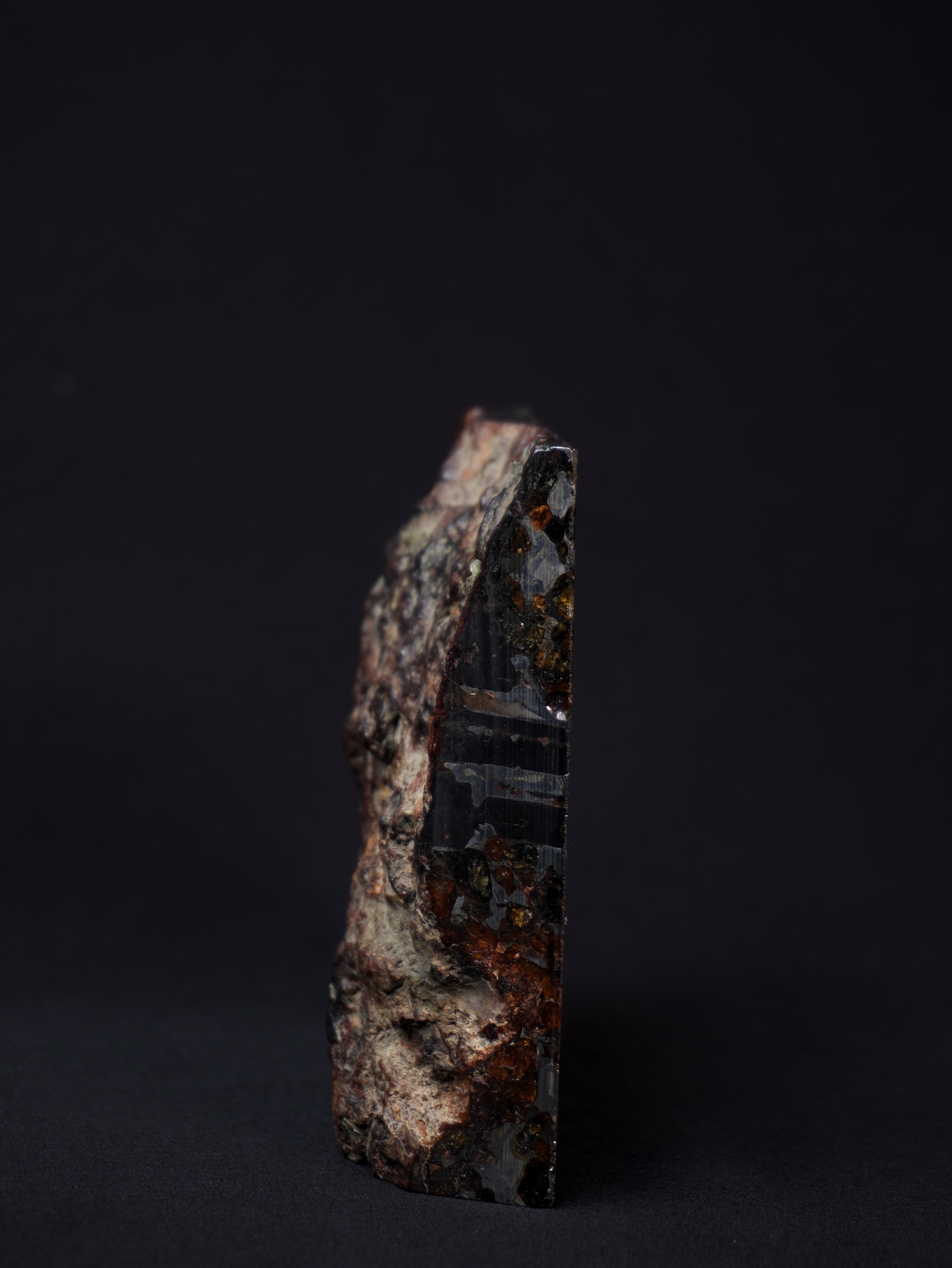 Sericho pallasite meteorite, Kenya. 836 grams end-cut.