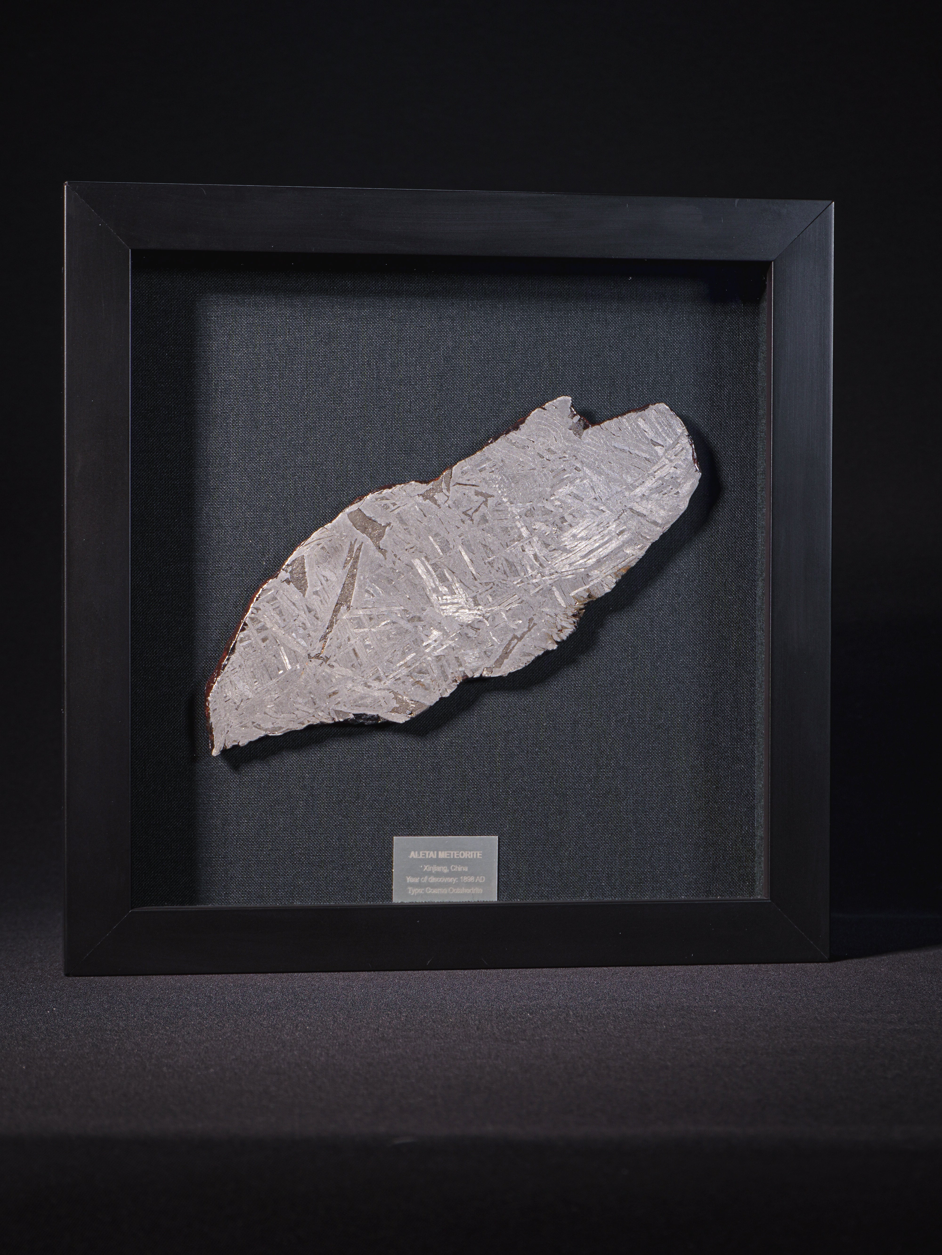 Aletai meteorite framed slice with crust - 302g