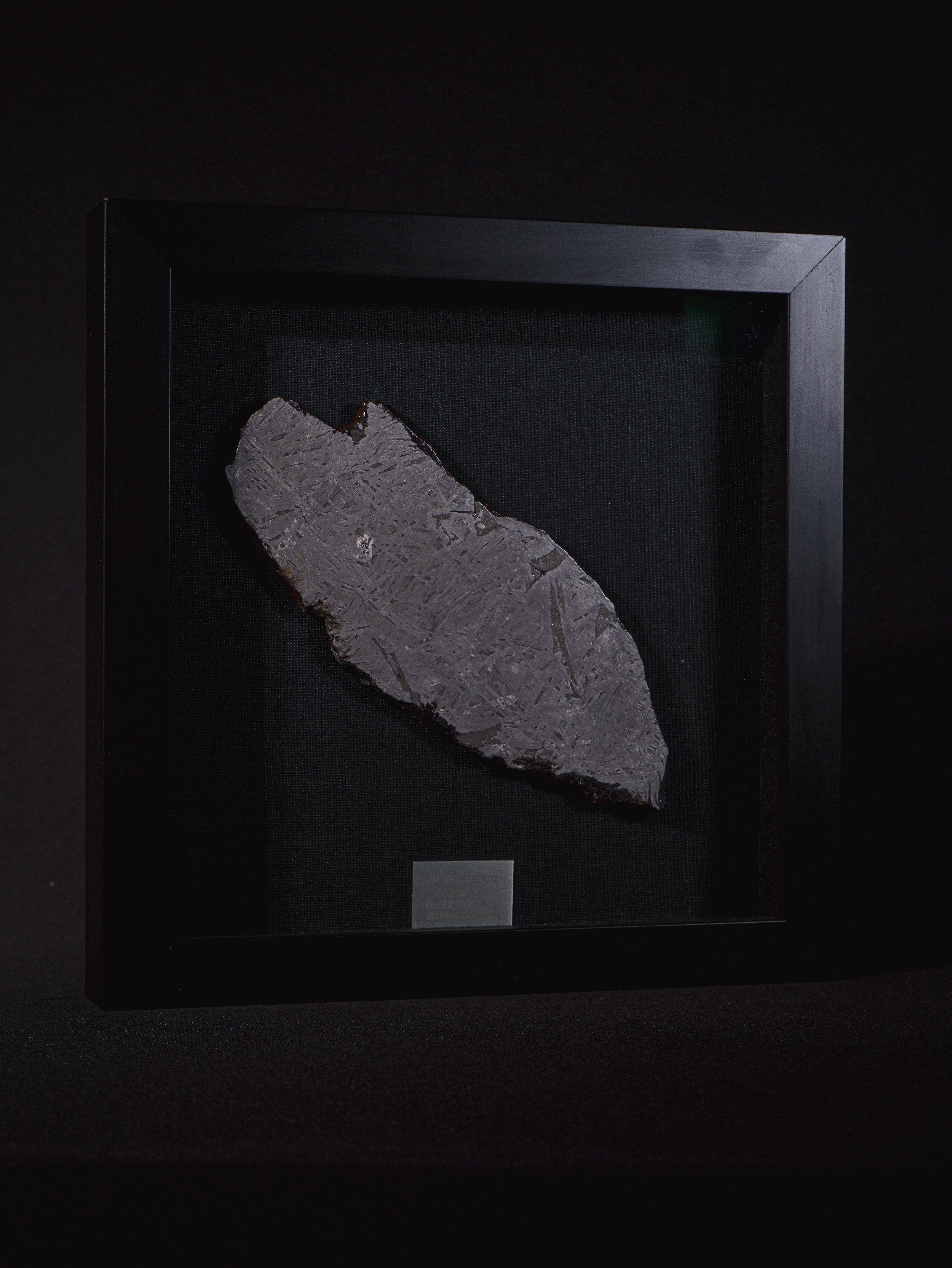 Aletai meteorite framed slice with crust - 313g