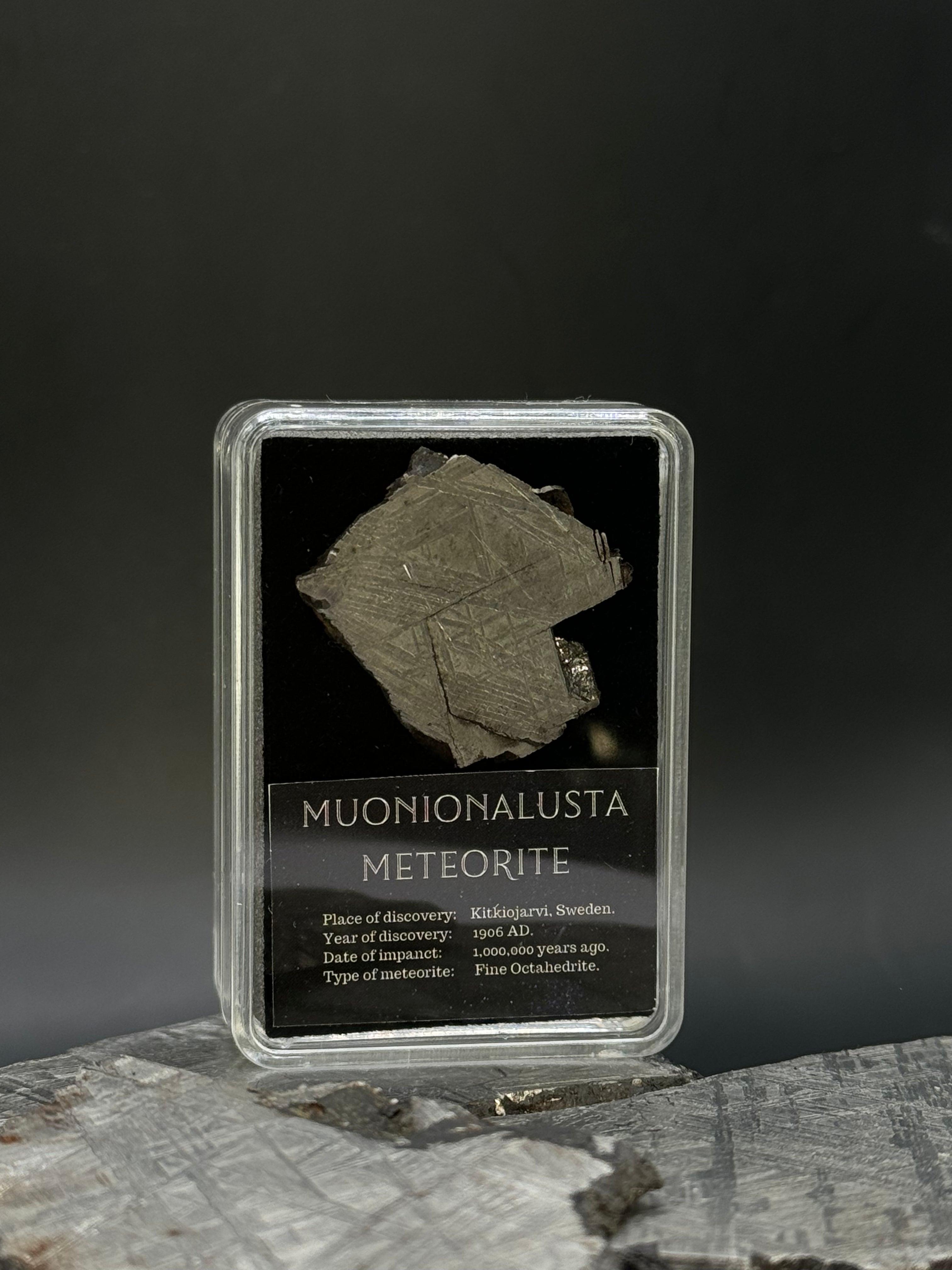 Muonionalusta Meteorite in Display box, 9 grams.